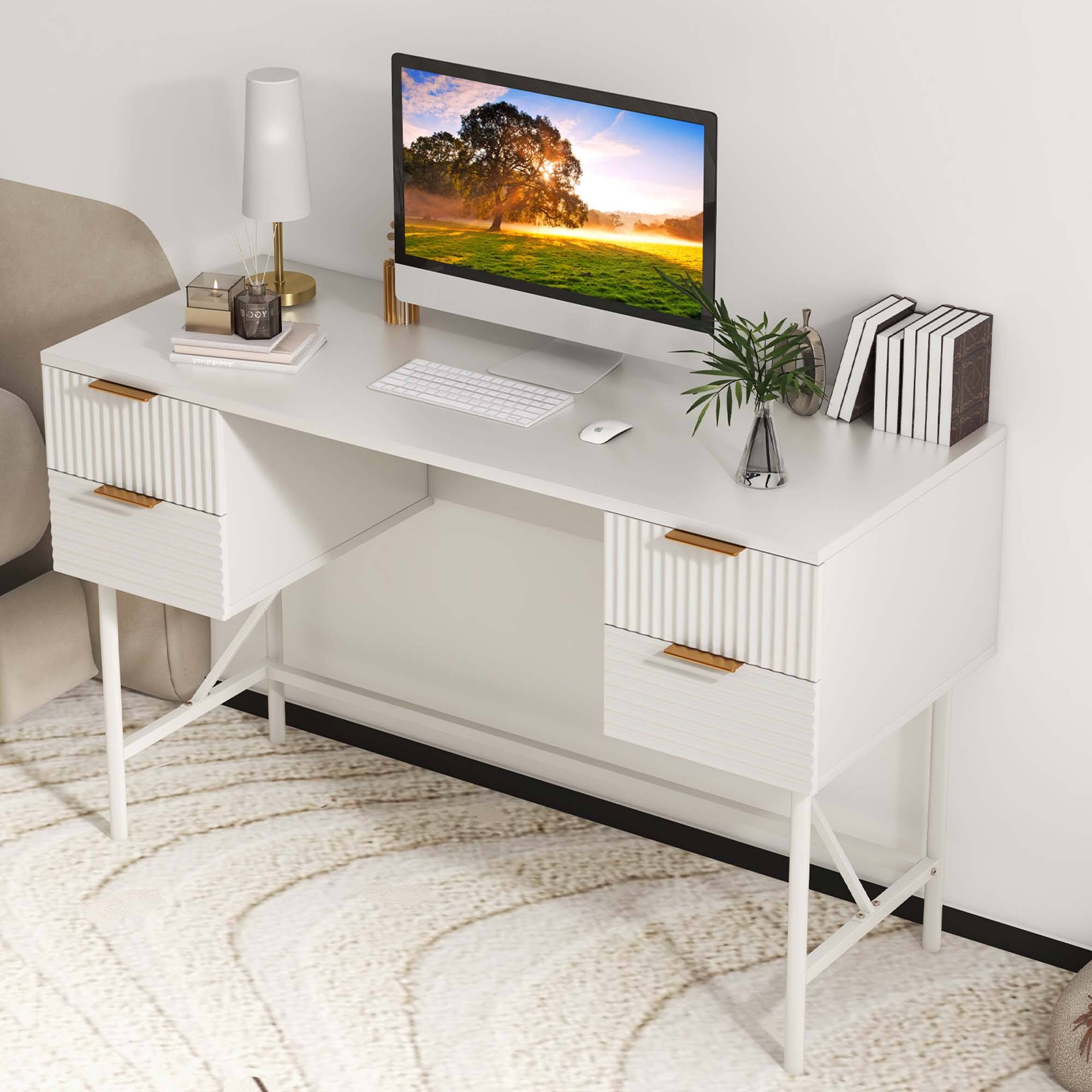 Alt View 5. Costway - Costway 48" Computer Desk with 4 Drawers Storage Metal Frame Modern Study Writing Desk - White.