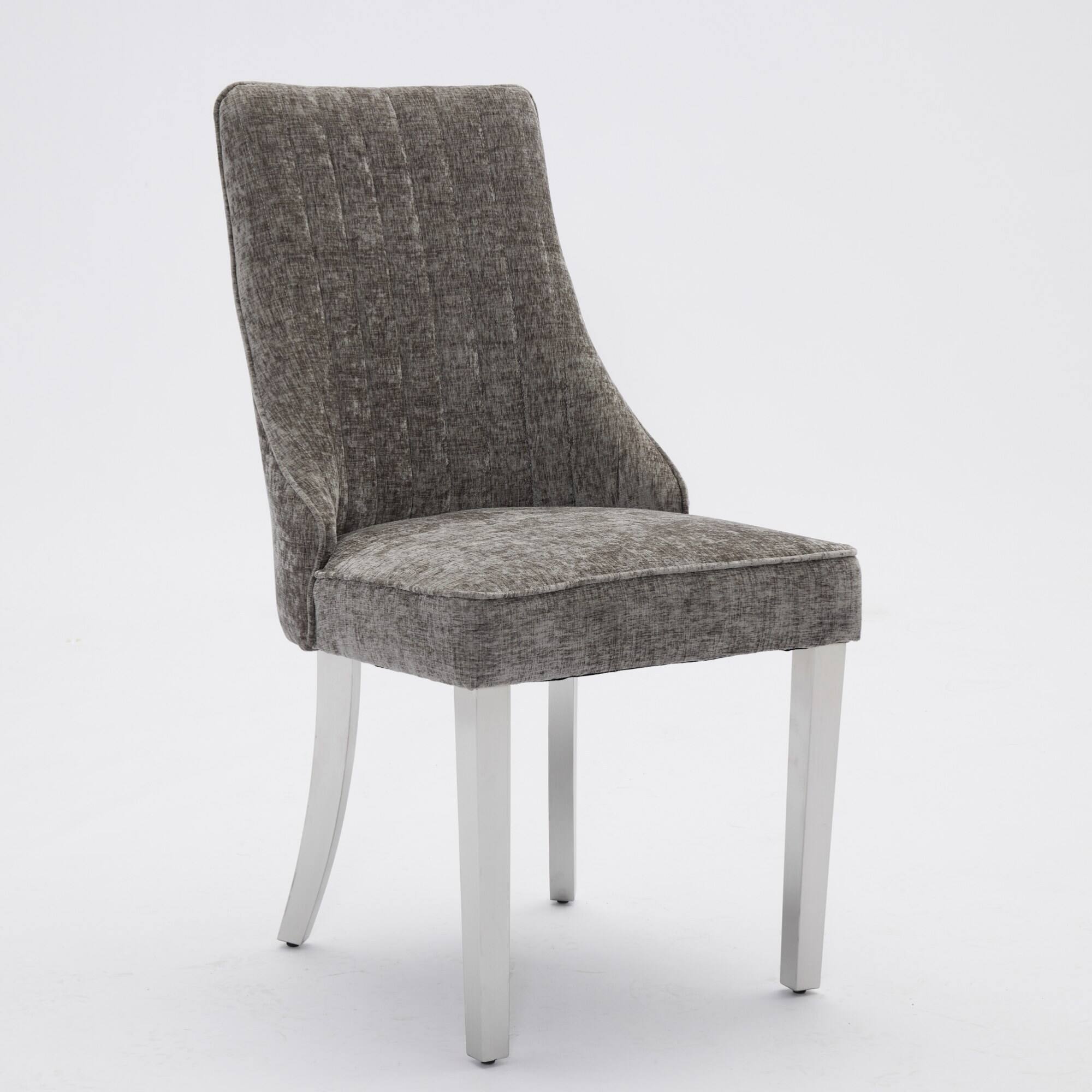 Left. GOODSILO - Luxury Chenille Fabric Upholstered Dining Chairs with Golden Stainless Steel Legs, Set of 2 - Gray.