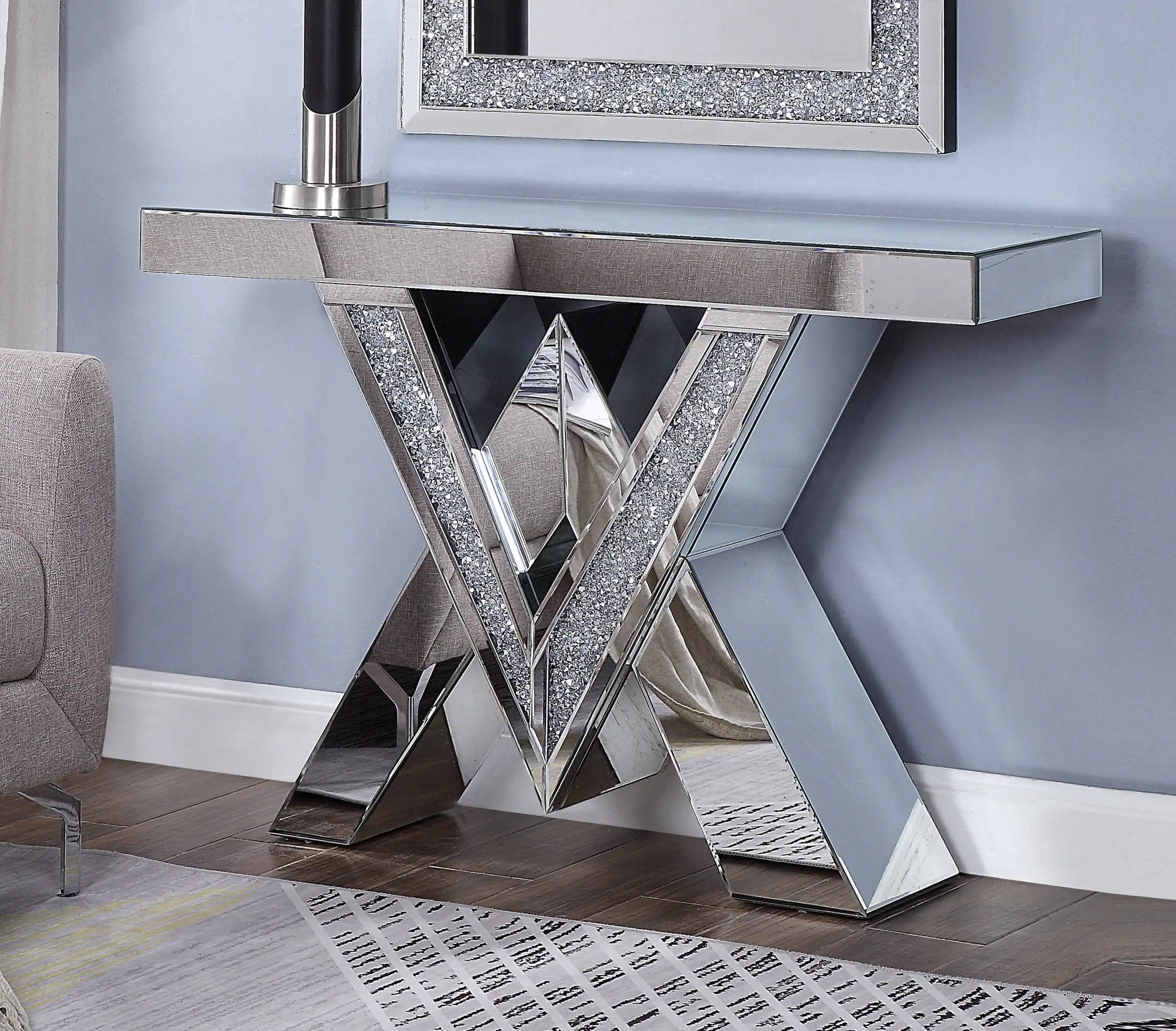 Alt View 5. Manhattan Lane - Wood and Mirror Console Table with Interlocking V Shape Base, Clear - Clear.