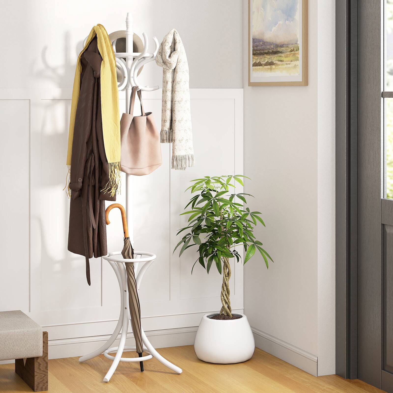 Alt View 1. Gymax - Gymax 73'' Freestanding Coat Hanger Stand Coat Rack w/ Umbrella Holder & 12 Hooks White - White.