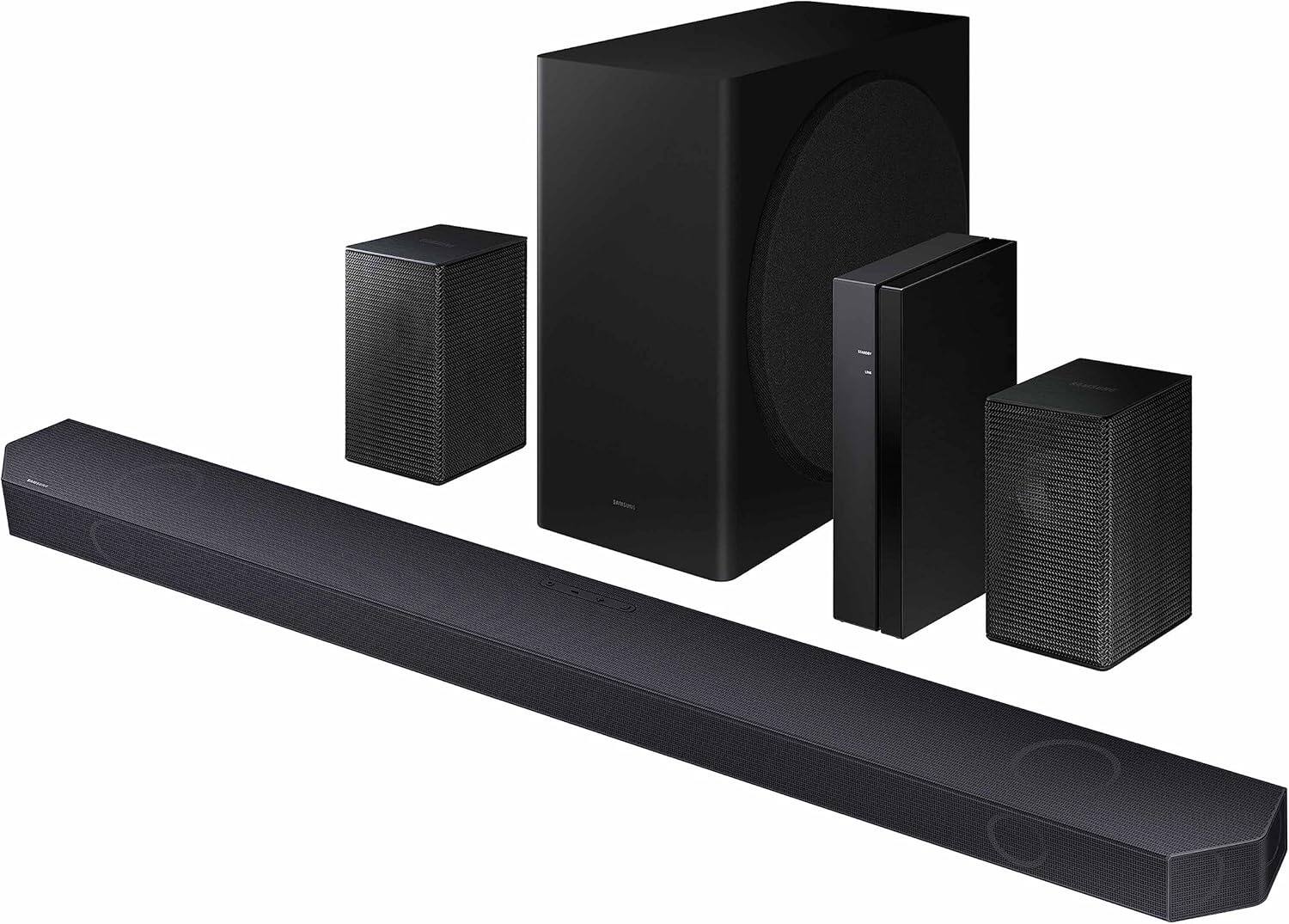 Angle. Samsung - 9.1.2 Ch Soundbar w/ Wireless Subwoofer & Rear Speakers HW-Q910C, 520W, Dolby Atmos, Q-Symphony, Built-in Alexa - Black.
