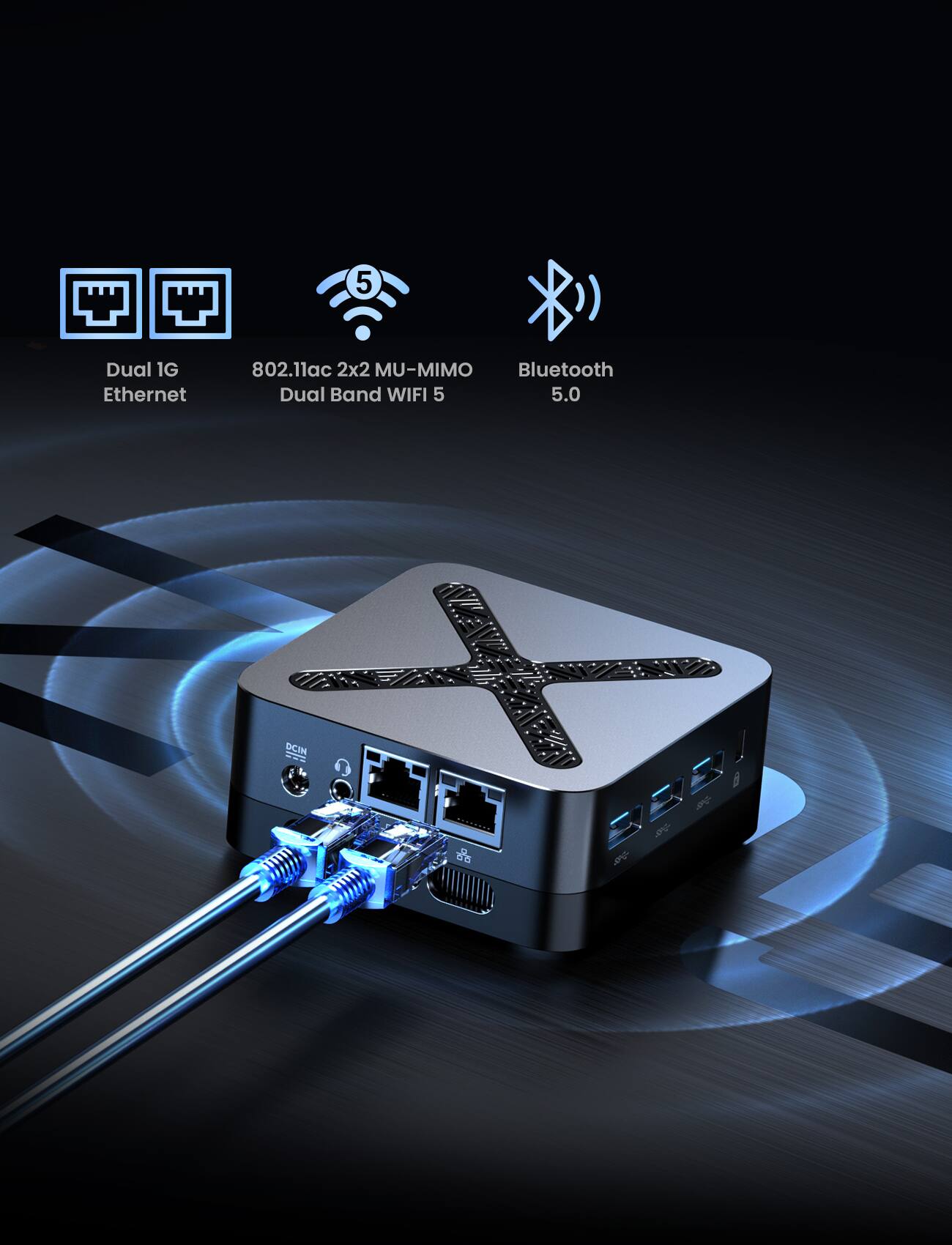 5 Dual 1G Ethernet  
802.11ac 2x2 MU-MIMO  
Dual Band WIFI 5  
Bluetooth 5.0  
DCIN