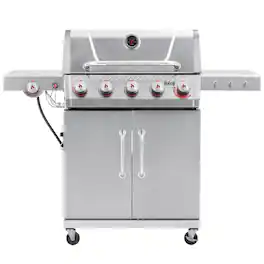 FEASTO - 5-Burner Propane Gas Grill with Sear & Side Burner, 686 Sq. In. Outdoor Cooking Area - Silver
