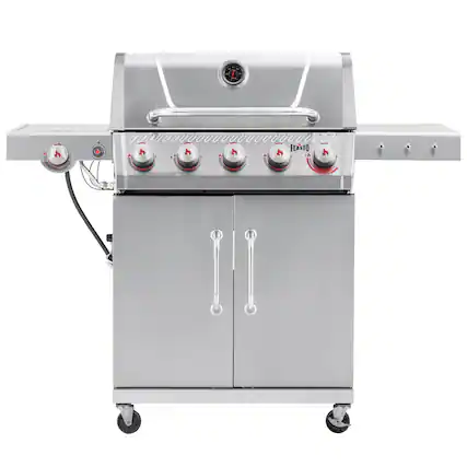 Front. FEASTO - 5-Burner Propane Gas Grill with Sear & Side Burner, 686 Sq. In. Outdoor Cooking Area - Silver.