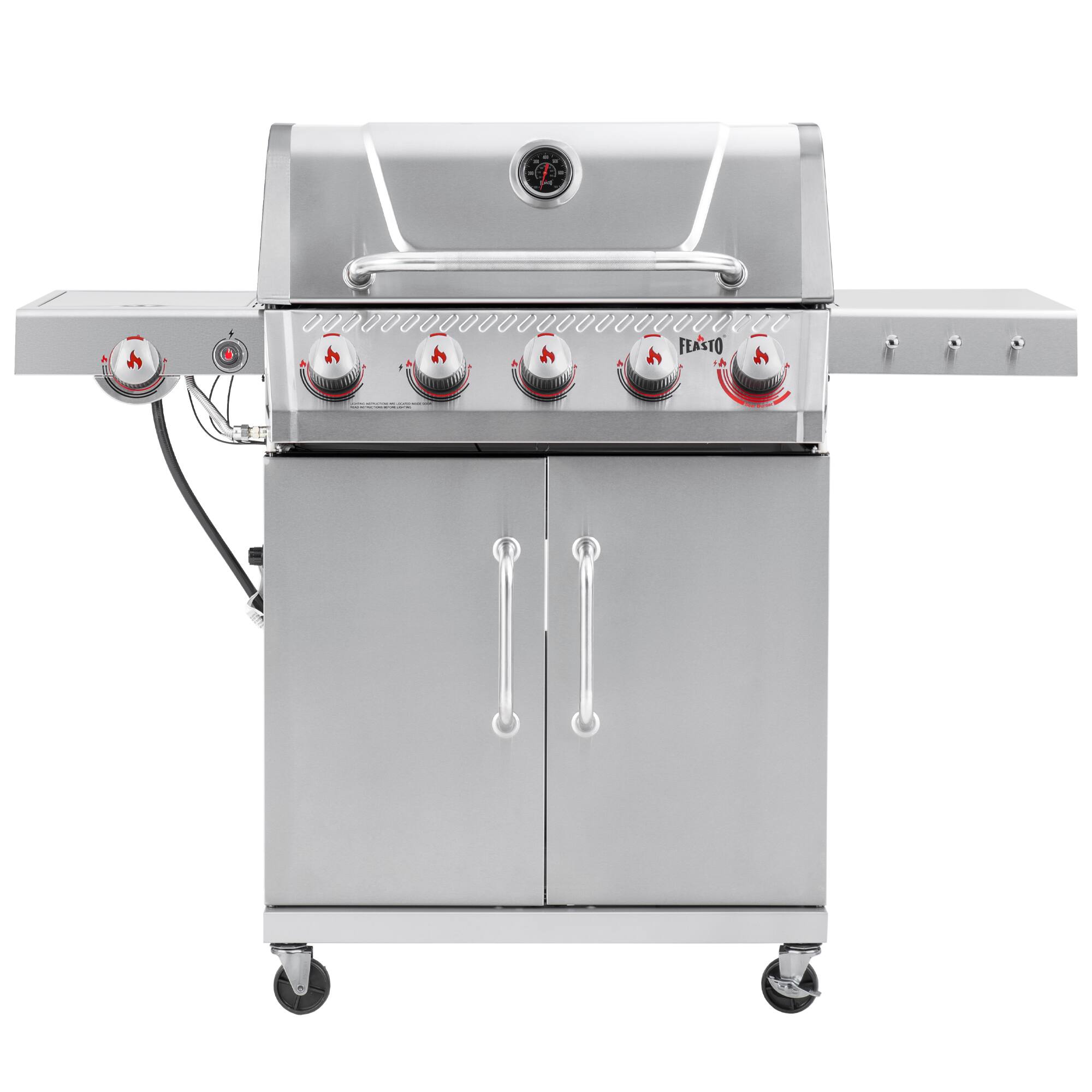Front. FEASTO - 5-Burner Propane Gas Grill with Sear & Side Burner, 686 Sq. In. Outdoor Cooking Area - Silver.