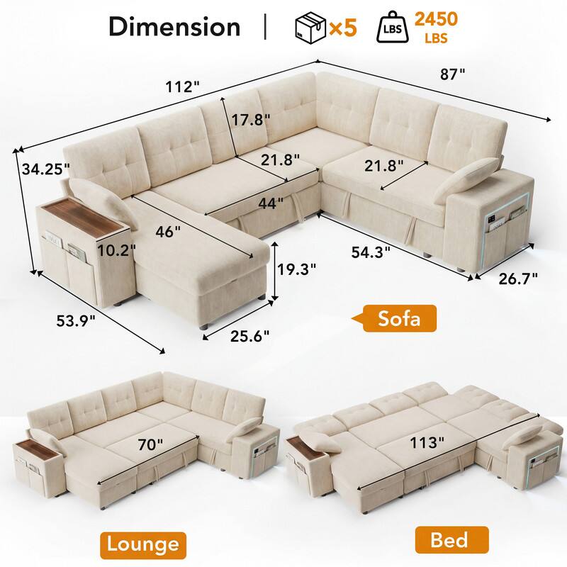Dimension | x5 2450 LBS  
112" 87" 17.8" 34.25" 21.8" 21.8" 44" 10.2" 46" 19.3" 54.3" 26.7" 53.9" 25.6"  
Sofa 70" 113"  
Lounge Bed