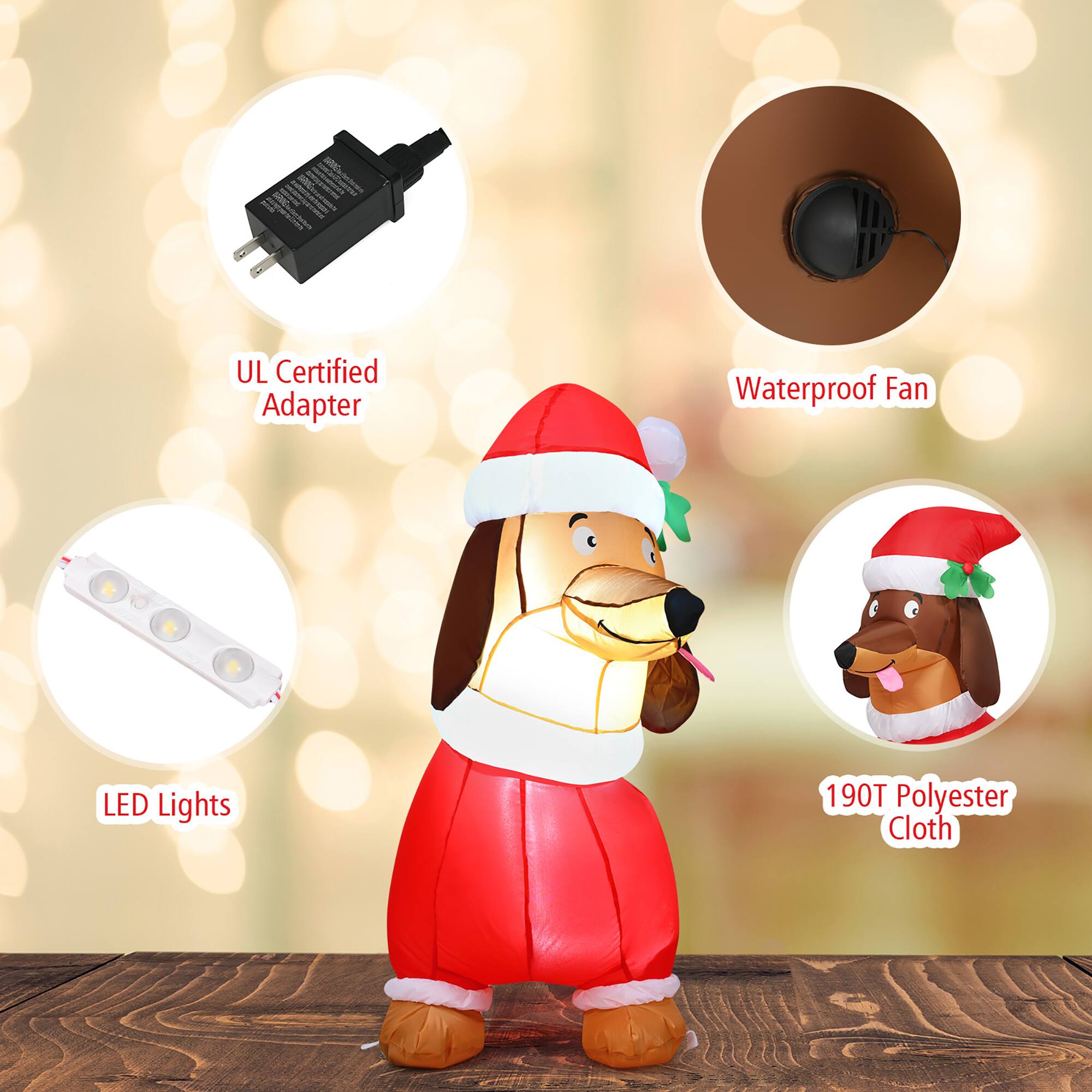 The text on the image can be grouped and corrected as follows:

1. UL Certified Adapter
2. Waterproof Fan
3. LED Lights
4. 190T Polyester Cloth