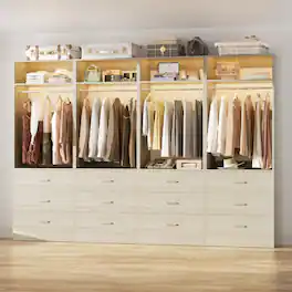 Aheaplus - Set of 4 Heavy Duty 96" Walk-In Closet with 12 Wood Drawers, 4 Rods & 4 Shelves - White Oak
