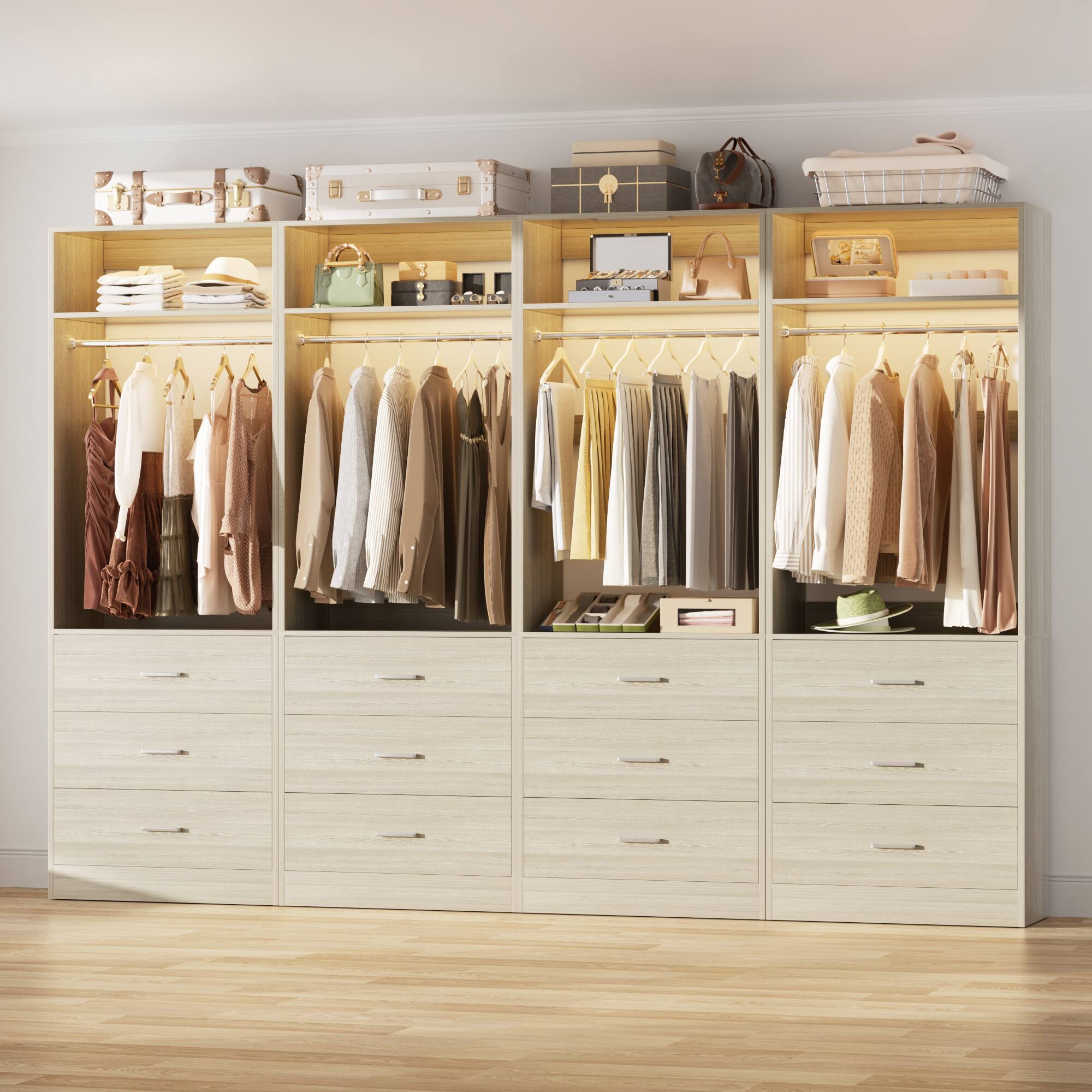 Angle. Aheaplus - Set of 4 Heavy Duty 96" Walk-In Closet with 12 Wood Drawers, 4 Rods & 4 Shelves - White Oak.
