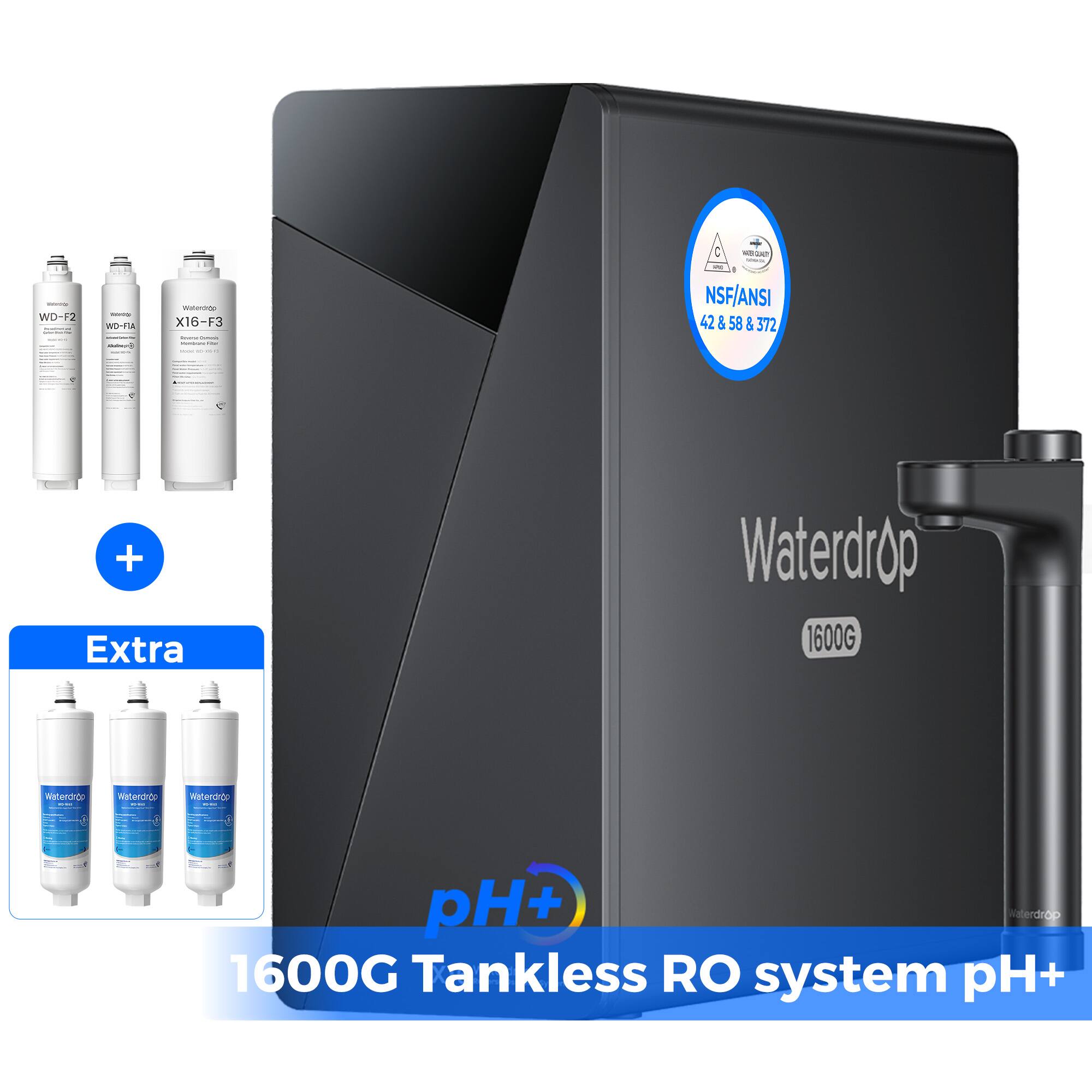 WD-F2 +2 - WO-T - - X16-F3 | I | C - - - - NSF/ANSI 42 & 58 & 372 + Extra Waterdrop 1600G Tankless RO system pH+