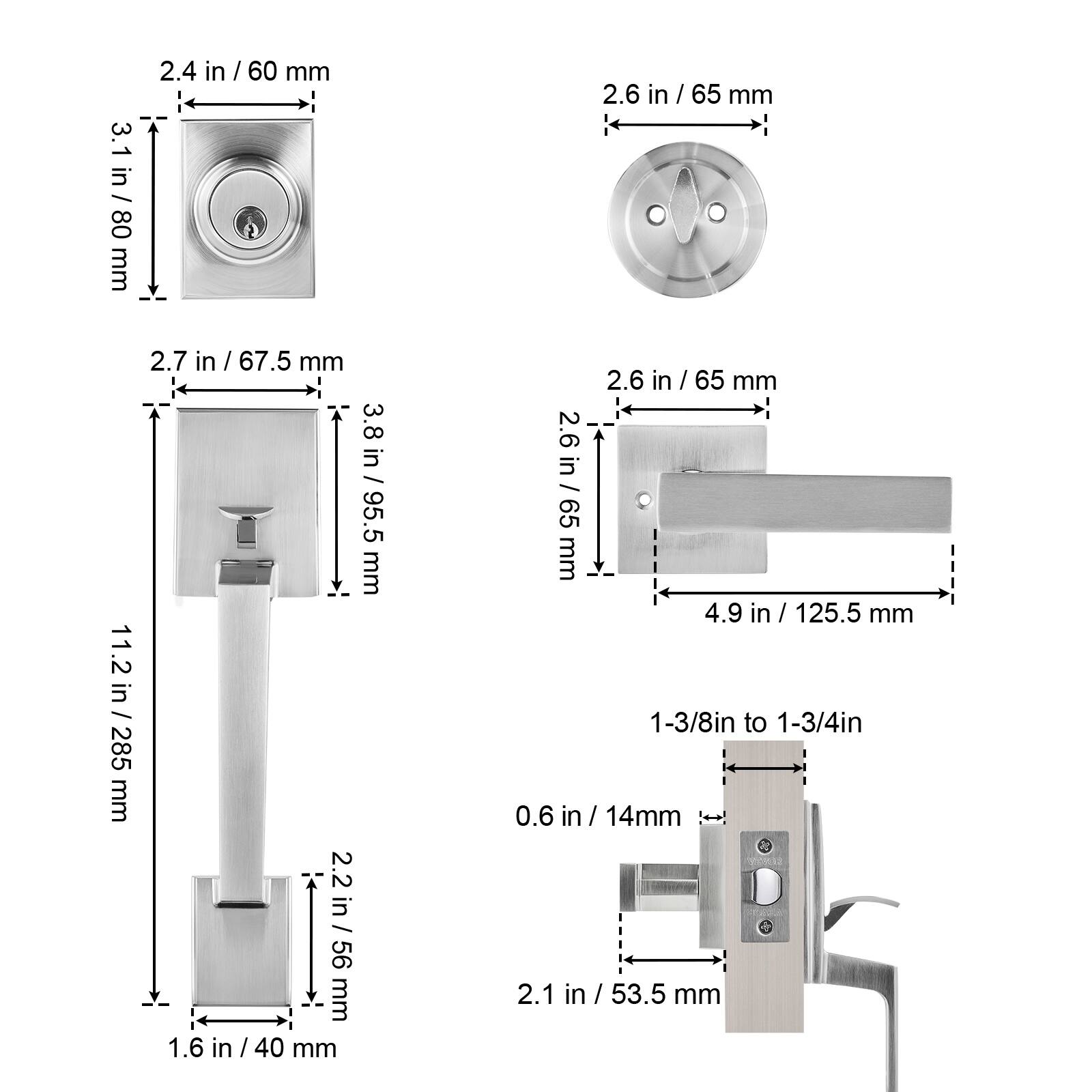 3.1 in / 80 mm  
2.4 in / 60 mm  
2.6 in / 65 mm  
11.2 in / 285 mm  
2.7 in / 67.5 mm  
3.8 in / 95.5 mm  
2.2 in / 56 mm  
1.6 in / 40 mm  
2.6 in / 65 mm  
4.9 in / 125.5 mm  
1-3/8 in to 1-3/4 in  
0.6 in / 14 mm  
2.1 in / 53.5 mm