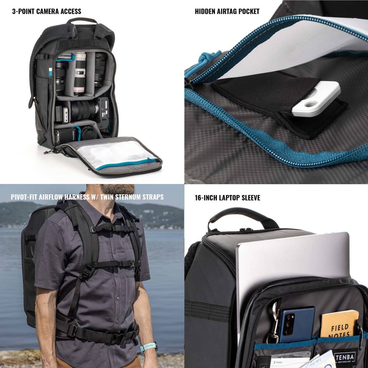 3-Point Camera Access  
Hidden AirTag Pocket  
Pivot-Fit Airflow Harness w/ Twin Sternum Straps  
16-Inch Laptop Sleeve  
Field Notes  
Tenba
