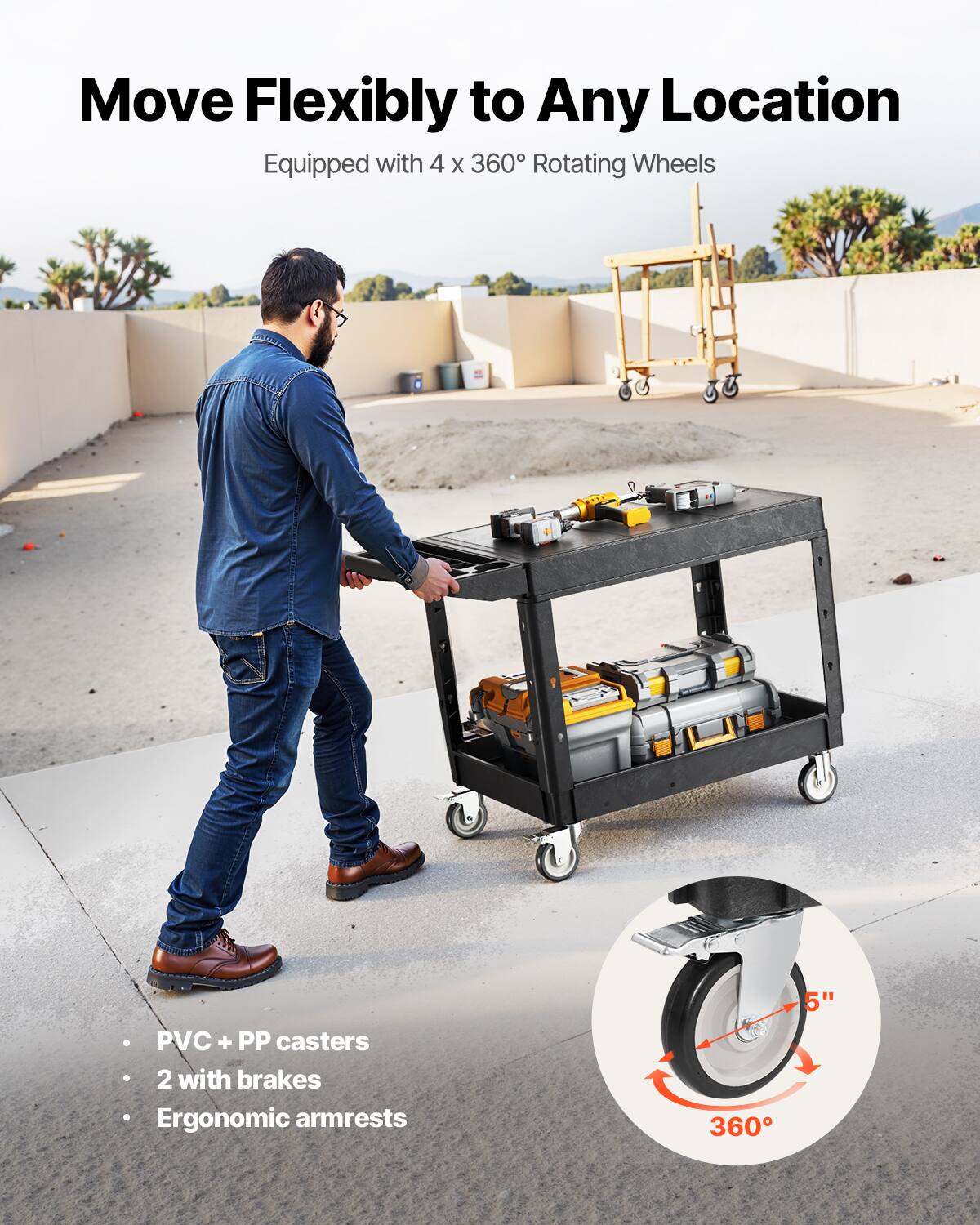 Move Flexibly to Any Location, Equipped with 4 x 360° Rotating Wheels, PVC + PP casters, 2 with brakes, Ergonomic armrests, 360° 5"