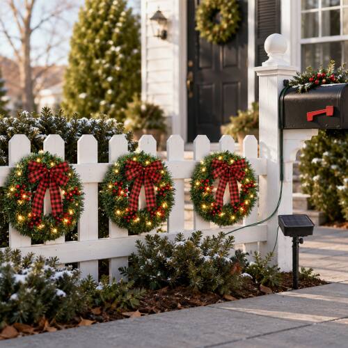 Alt View 10. Winado - 14in Solar Christmas Wreath 3PCS Wall Mount with LED Light, Red Bow Berries for Outdoor Holiday Party Display Decoration - Green.
