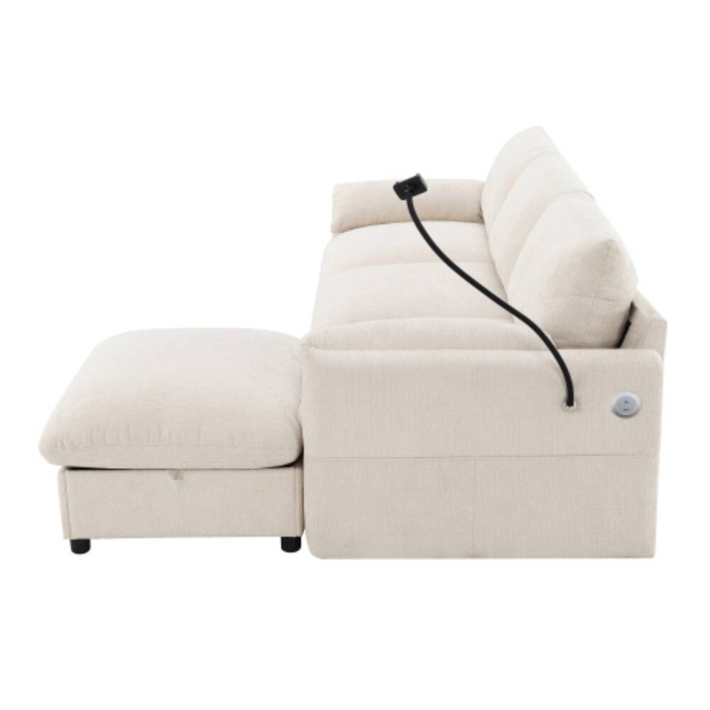 Alt View 7. LUCKY ONE - 96.5" L-Shape Chenille Sectional Sofa w/ Storage Ottoman USB Charger Phone Holder - Beige.