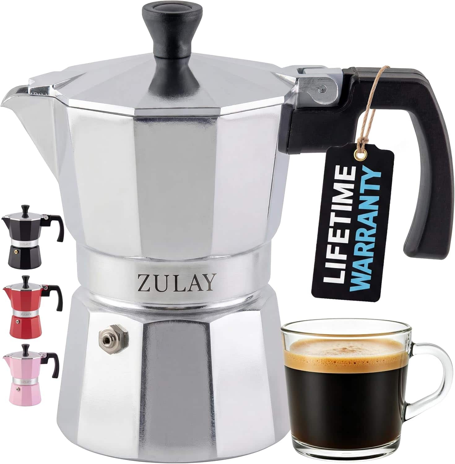 Zulay Kitchen - Moka Pot Espresso Stovetop Coffee Maker (3 Espresso Cups) - Silver