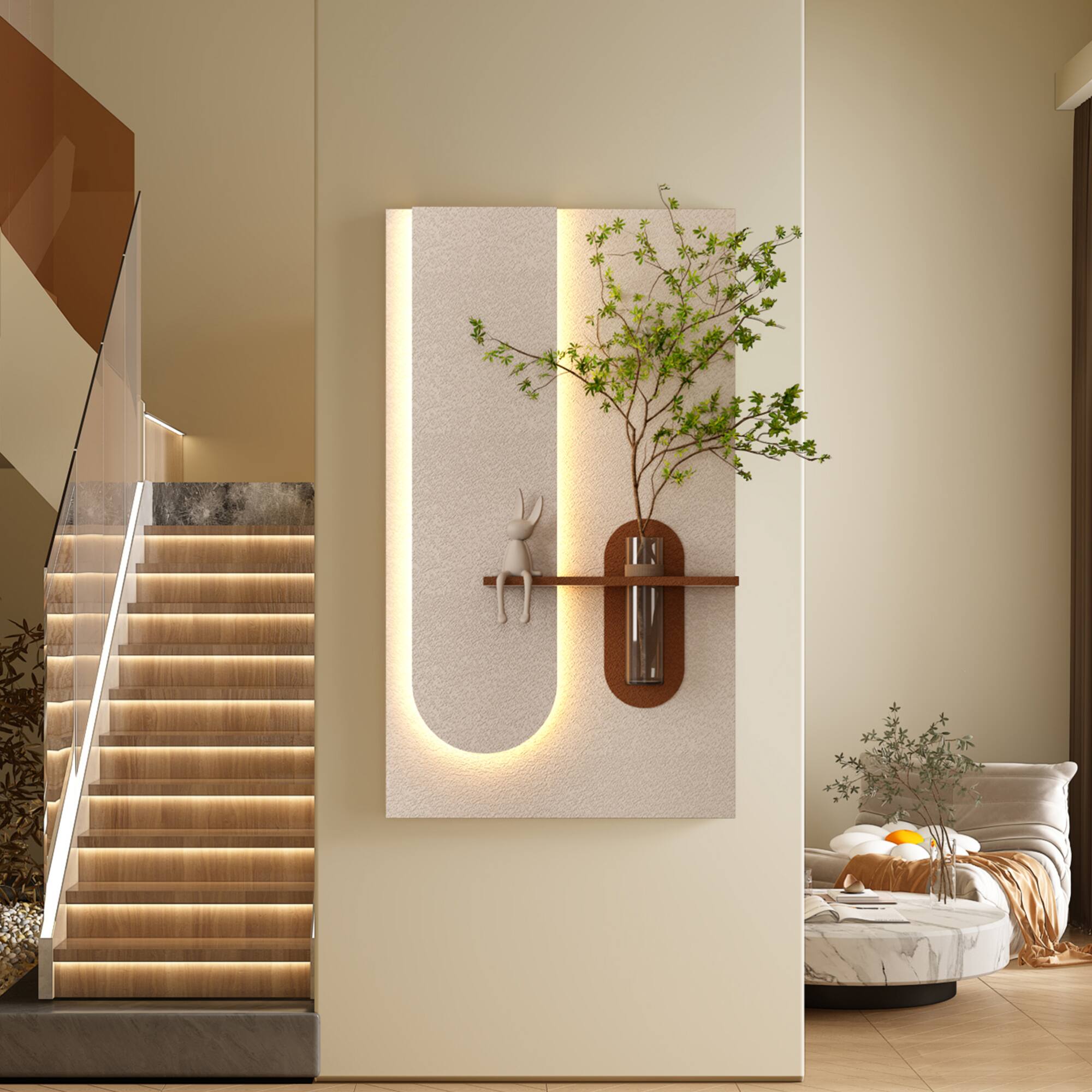 Alt View 6. GOODSILO - Adjustable LED Sandstone Wall Decor with Simulated Plants and Glass Vase for Living Room and Bedroom - Light Coffee.