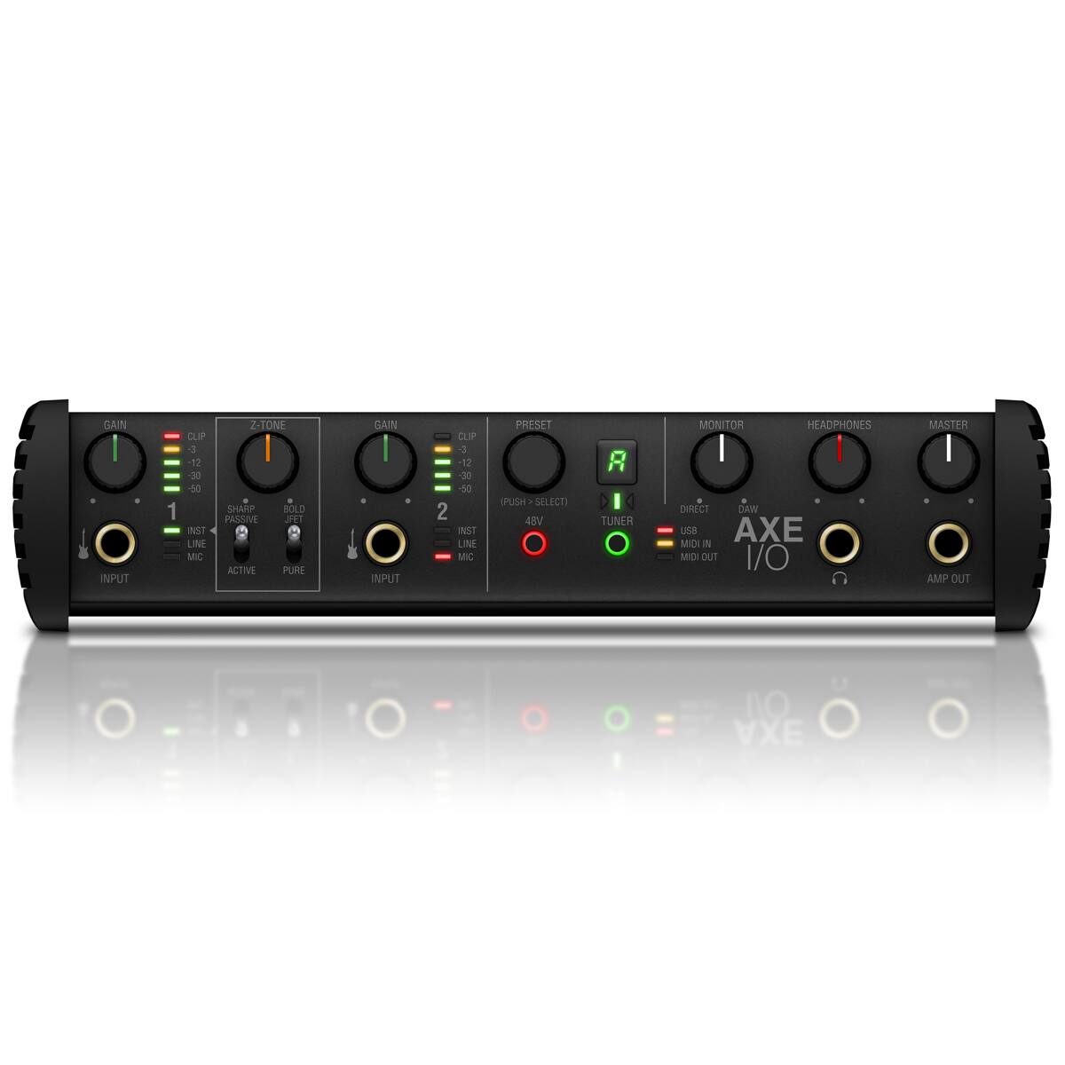 GAIN | INPUT 1 CLIP -12 -30 -50 IS1 LINE MIC Z-TONE SHARP BOLD PAWE PRESET (PUSH SELECT) 48V 8  
GAIN | INPUT 2 CLIP -12 -30 50 NST LINE MIC  
PRESET (PUSH SELECT) 48V 8  
TUNER MONITOR HEADPHONES I I CT DAW u AXE MIDI I/O MASTER I AMP OUT