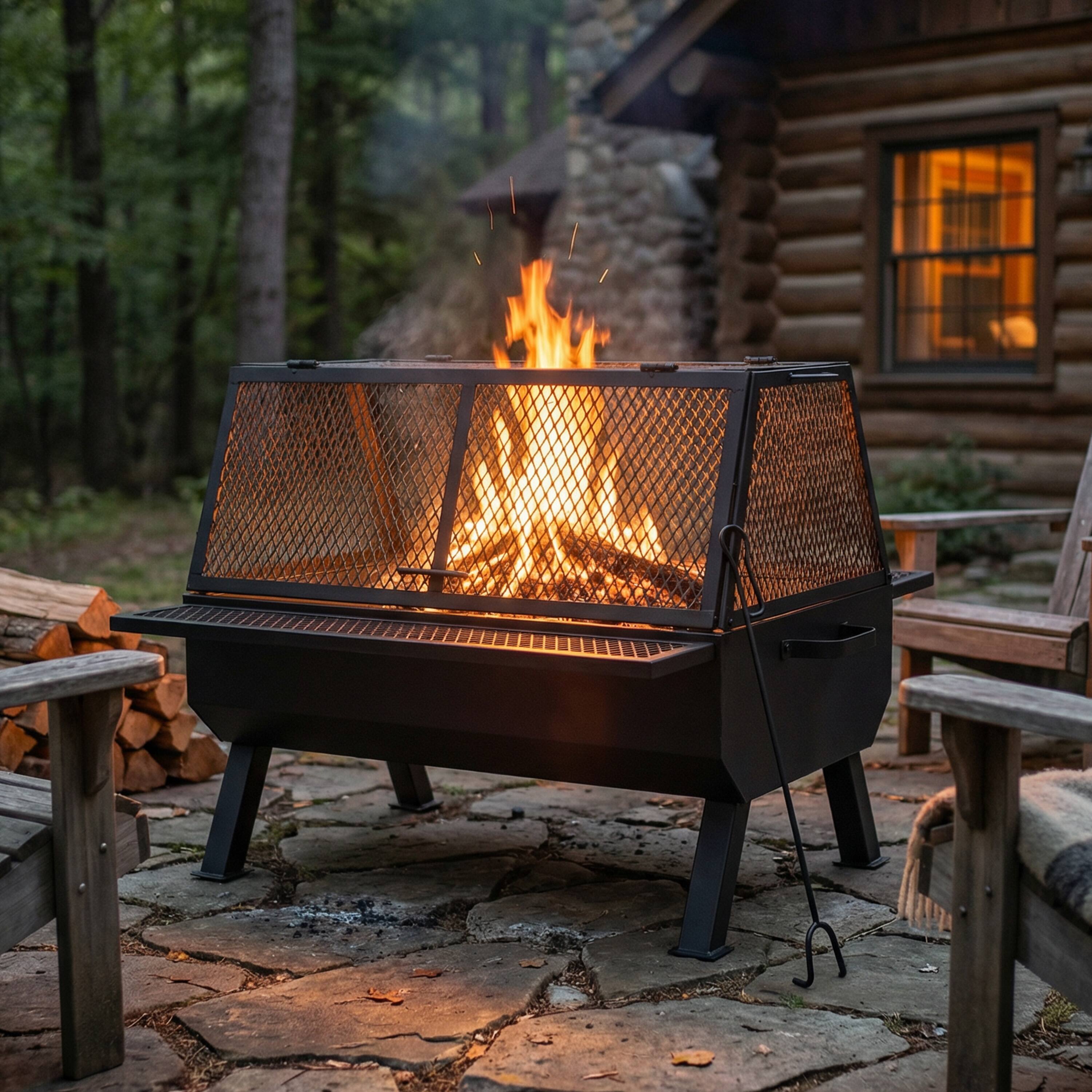Alt View 2. Sunnydaze - Steel Grilling Fire Pit with Cooking Grate and Spark Screen - Black.