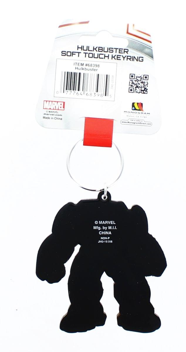 Sure, here is the corrected and grouped text from the image:

---

**HULKBUSTER SOFT TOUCH KEYRING**

**ITEM #68398**

**Hulkbuster**

**0 77764 68398 5**

**MARVEL**

**marvel.com**

**Made in China**

**www.ManagramDetect.com**

**Mfg. by M.I.I. CHINA**

**NON-P JI42-15108**

**© MARVEL**

**Mfg. by M.I.I.**

**CHINA**

**NO: 15108**

---

This text is organized to reflect the information as it appears on the packaging and keyring.