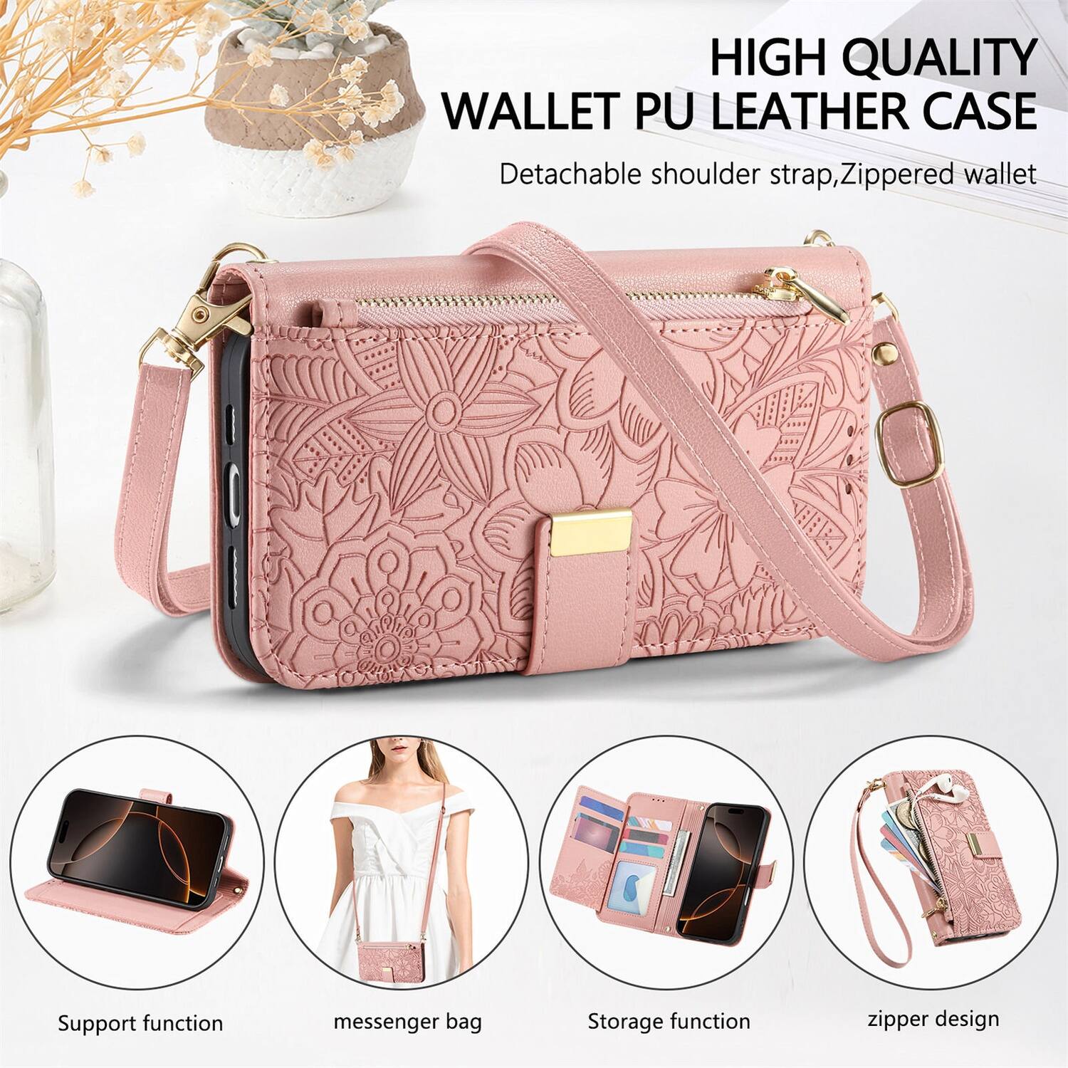 HIGH QUALITY WALLET PU LEATHER CASE  
Detachable shoulder strap, Zippered wallet  
Support function  
messenger bag  
Storage function  
zipper design