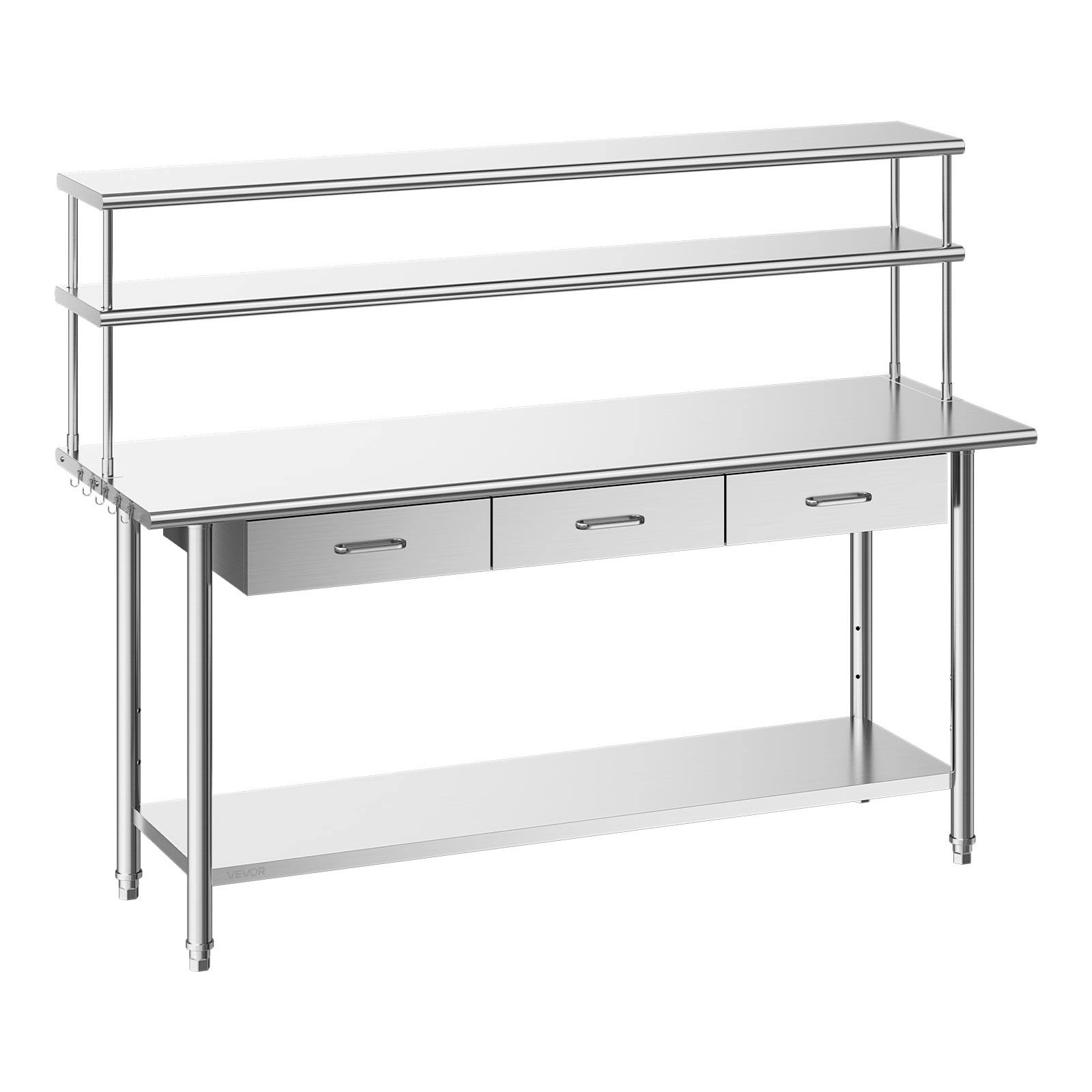 Front. VEVOR - Stainless Steel Work Table, 24x72 Inch Food Prep Table with Overshelves and 3 Drawers, Commercial Kitchen Workstation - Silver.