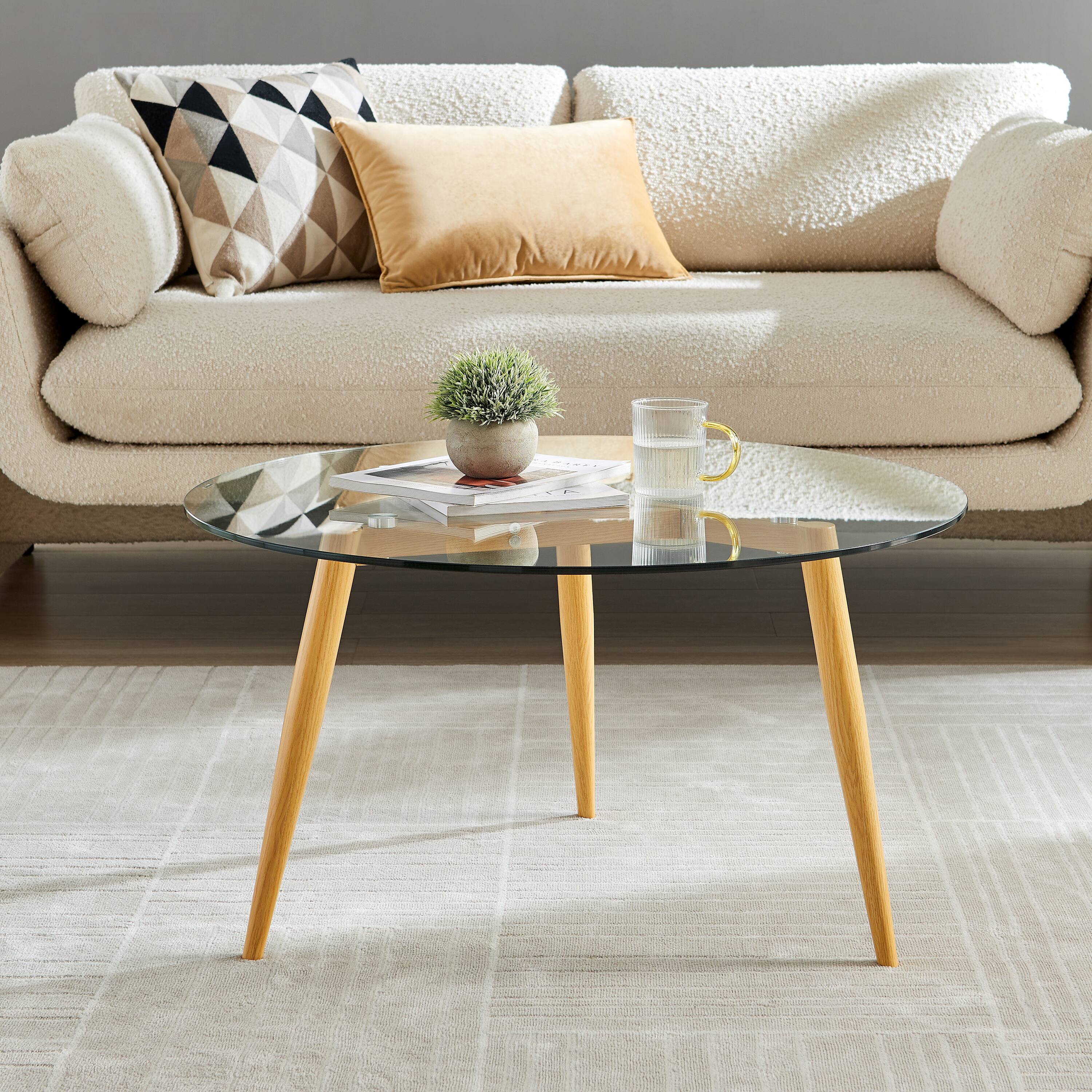 Angle. Danya B - Van Beuren Coffee Table with Taper Legs and Clear Glass Tabletop - Beech - Beech, Clear.