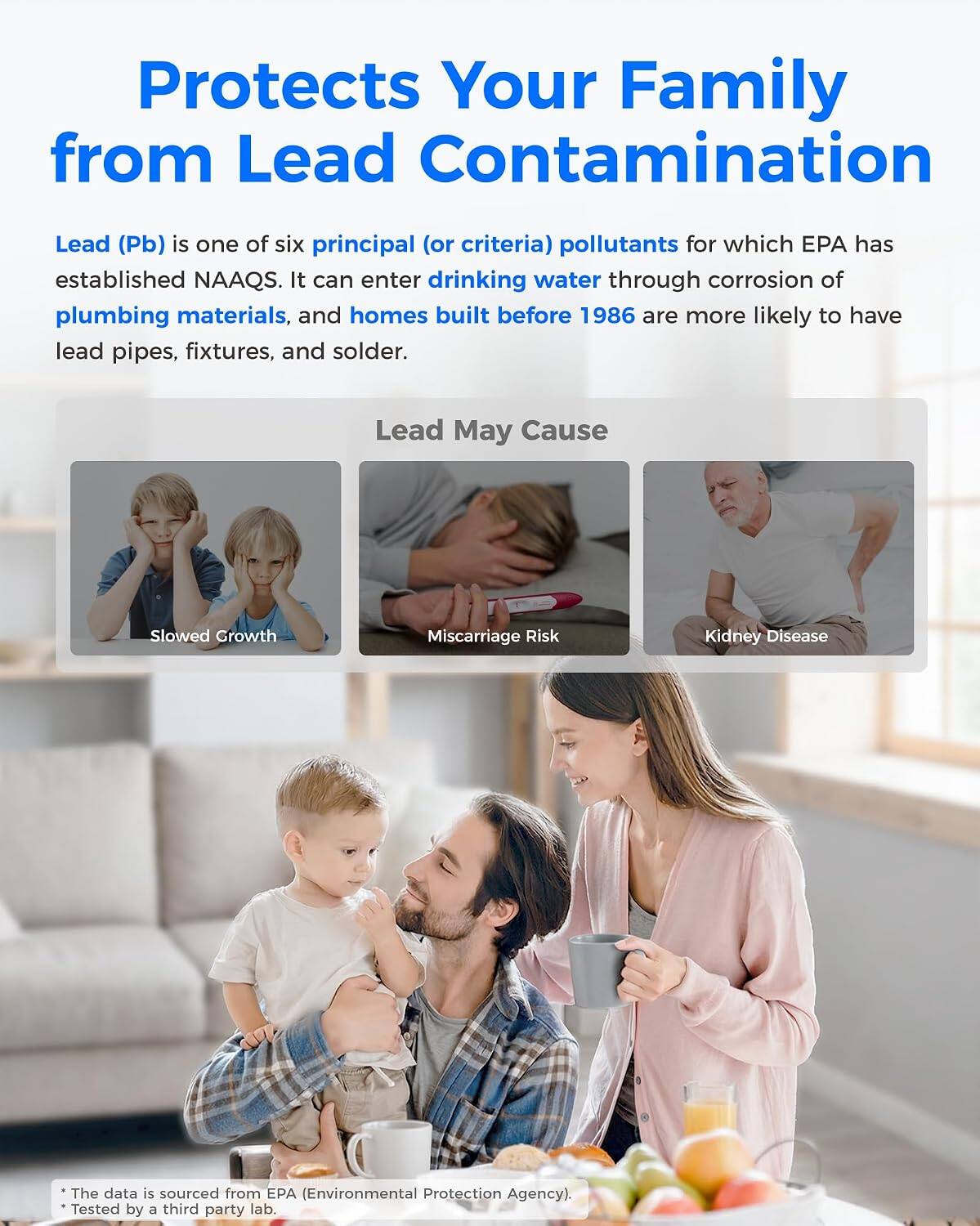 Protects Your Family from Lead Contamination

Lead (Pb) is one of six principal (or criteria) pollutants for which EPA has established NAAQS. It can enter drinking water through corrosion of plumbing materials, and homes built before 1986 are more likely to have lead pipes, fixtures, and solder.

Lead May Cause
- Slowed Growth
- Miscarriage Risk
- Kidney Disease

The data is sourced from EPA (Environmental Protection Agency). Tested by a third party lab.