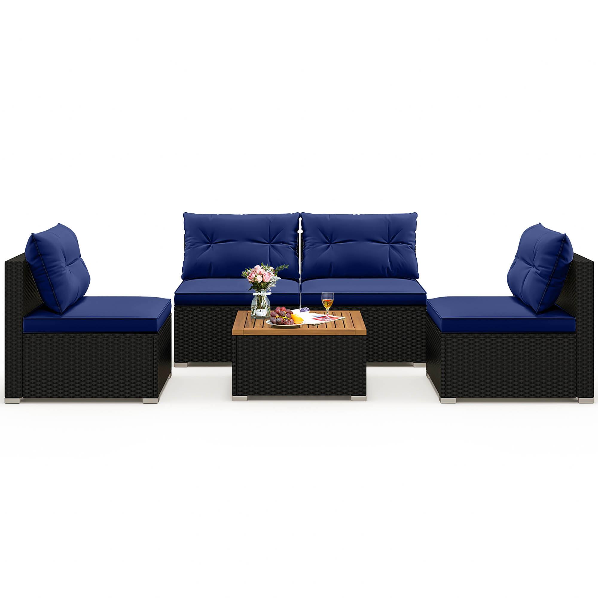 Alt View 1. Gymax - Gymax 5 Piece Outdoor Furniture Set w/ Seat & Back Cushions Acacia Wood Tabletop Navy - Navy.