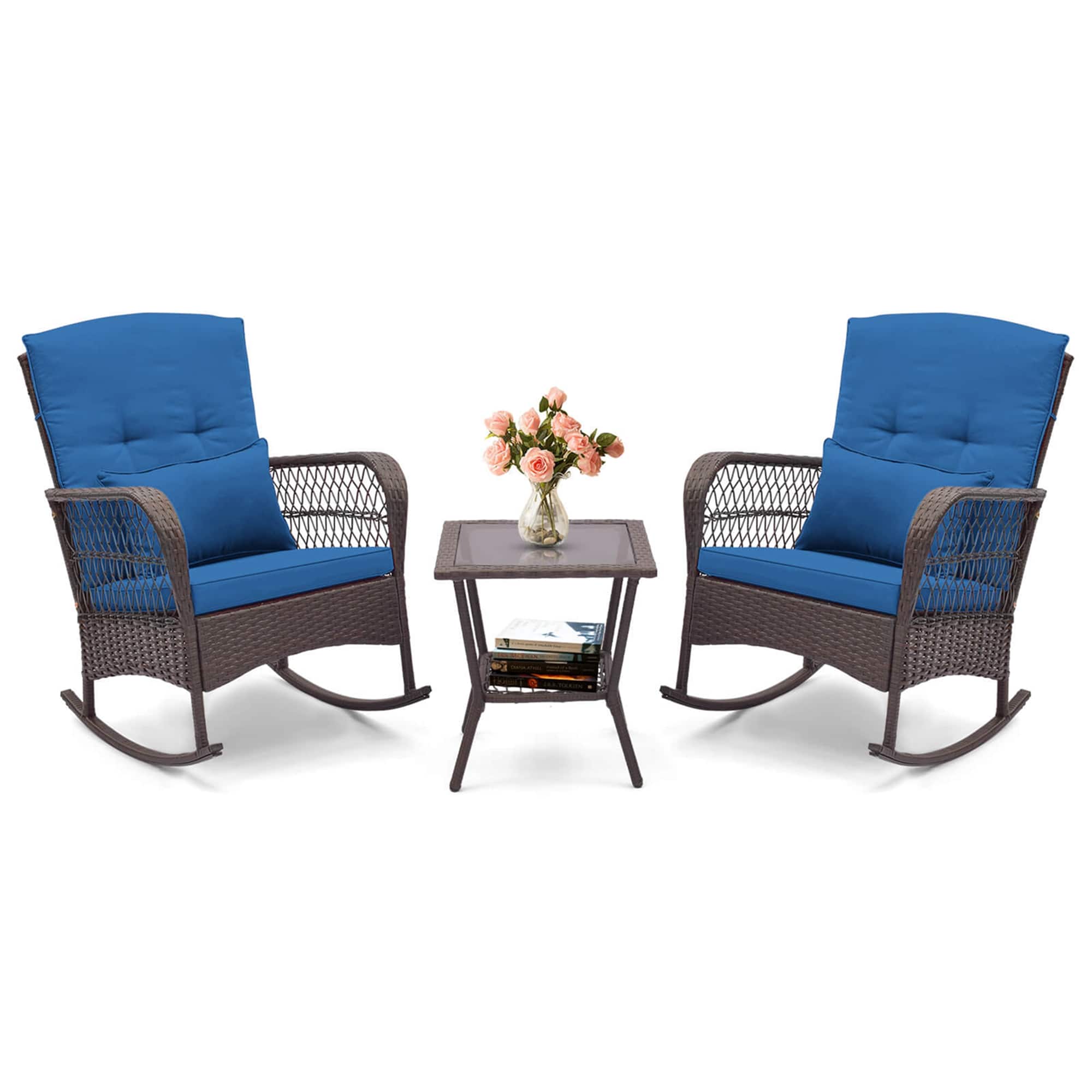 Front. Costway - 3 PCS Patio Rocker Set Outdoor Wicker Rocking Chairs with Double-Layer Coffee Table - Navy.