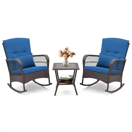 Front. Costway - 3 PCS Patio Rocker Set Outdoor Wicker Rocking Chairs with Double-Layer Coffee Table - Navy.