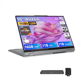 Lenovo - IdeaPad 5 2-in-1 16" Touch Laptop,Ryzen 7 8845HS,16GB RAM,1TB SSD+1TB Dock,Backlit,Fingerprint,Win 11 Home,Grey - Gray
