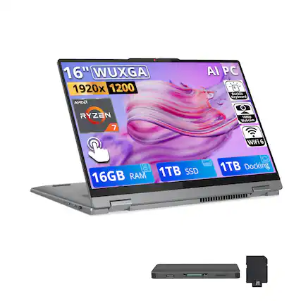 16" WUXGA 1920x1200 AMD RYZEN 7 AI PC Backlit Keyboard 1080p Webcam WiFi6 16GB RAM 1TB SSD 1TB Docking