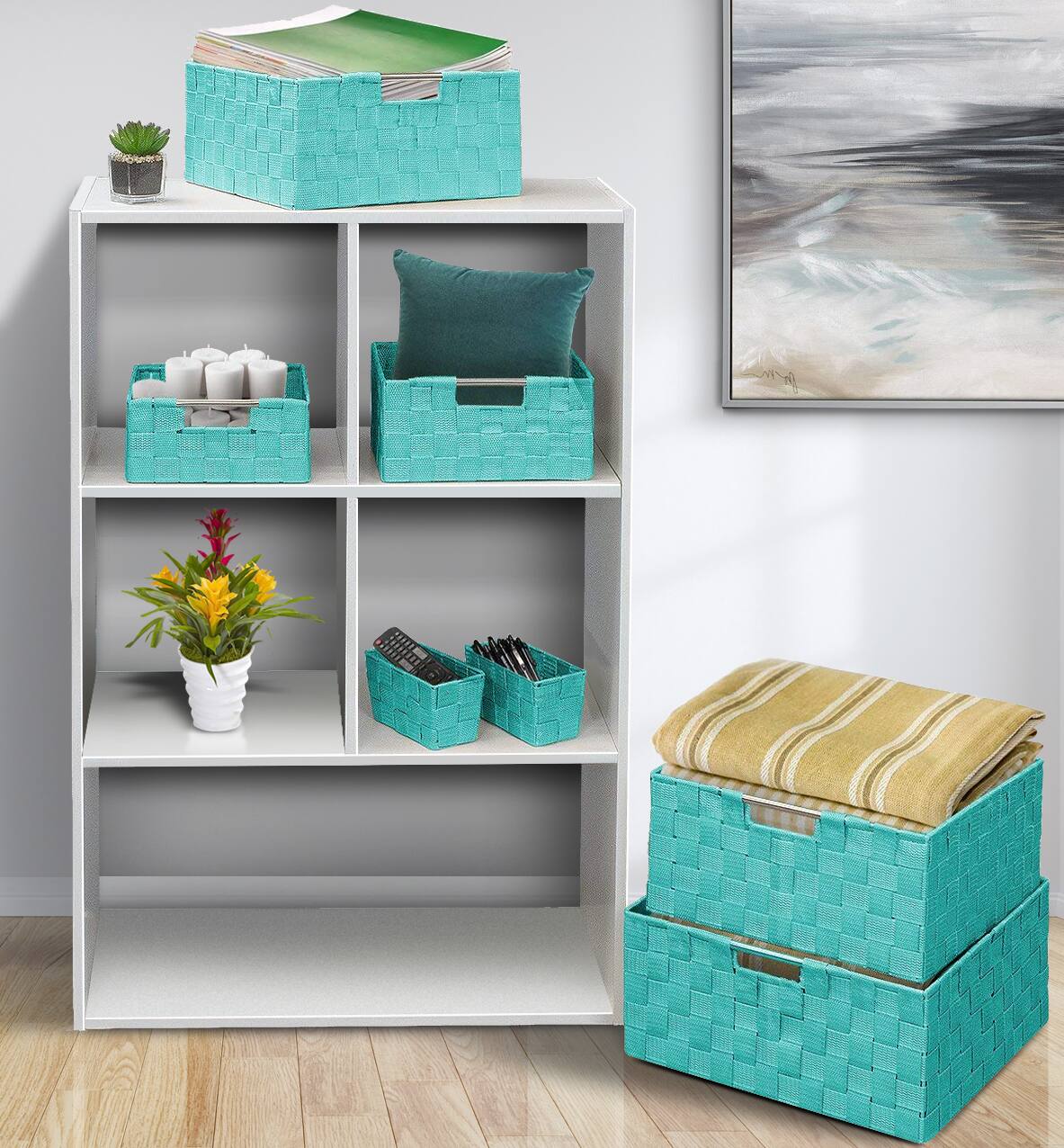 Angle. Sorbus - Sorbus 7 Piece Storage Baskets for Organizing , Mesh, Linen, Organizer Storage Baskets for Home or Office - Blue.