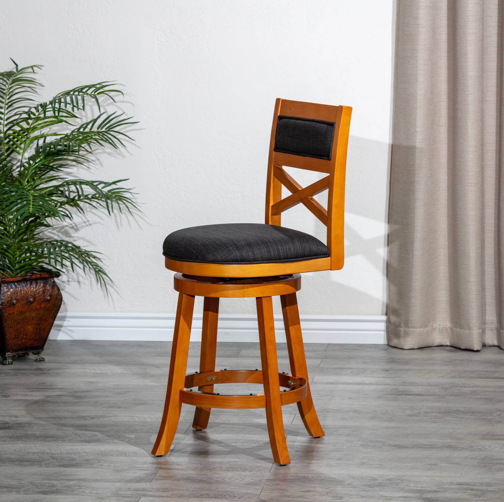 Back. APRILSOUL - 30 Bar Height XBack Swivel Stool Natural Finish Charcoal Fabric Seat - White.