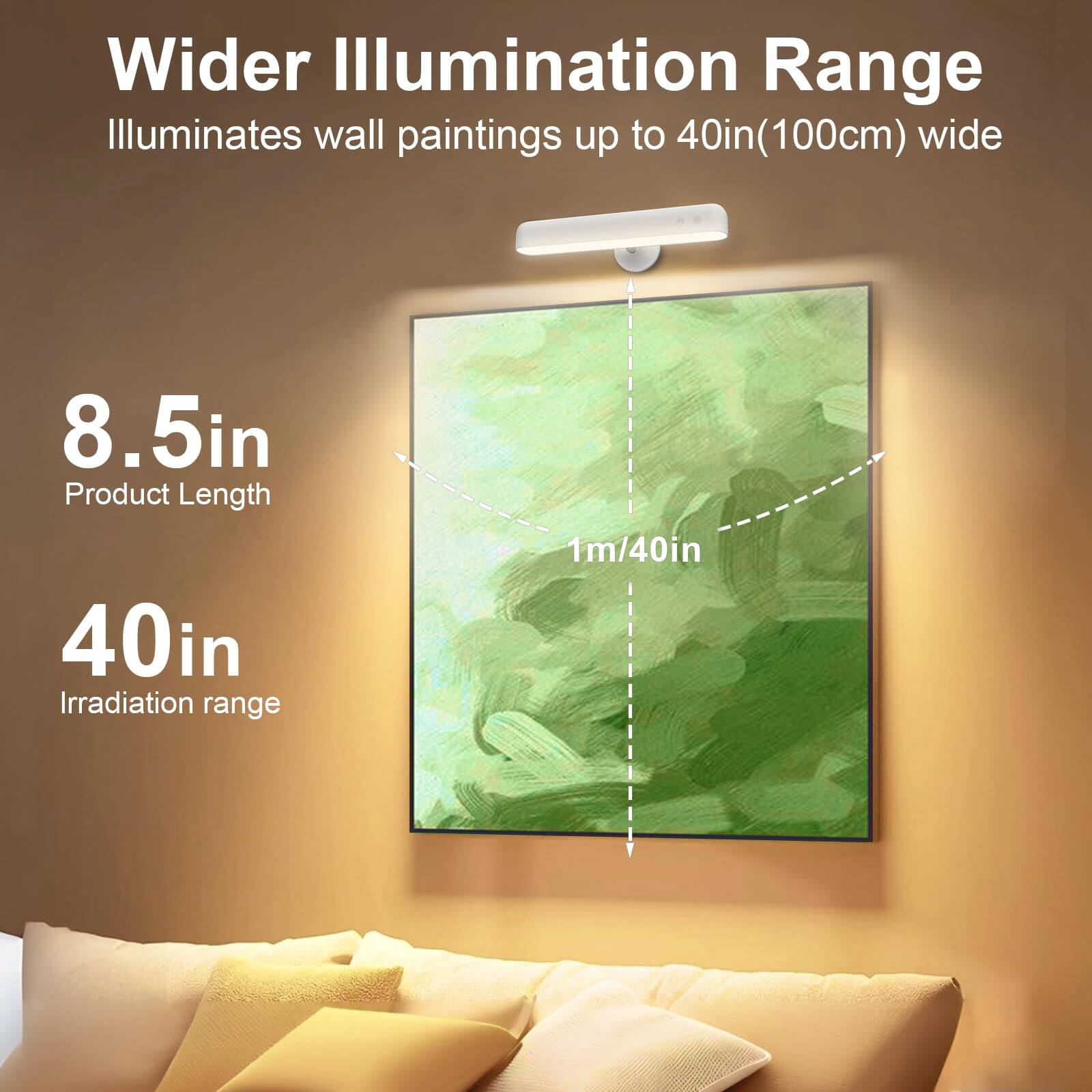 Wider Illumination Range  
Illuminates wall paintings up to 40in (100cm) wide  

8.5in  
Product Length  

40in  
Irradiation range  

1m/40in