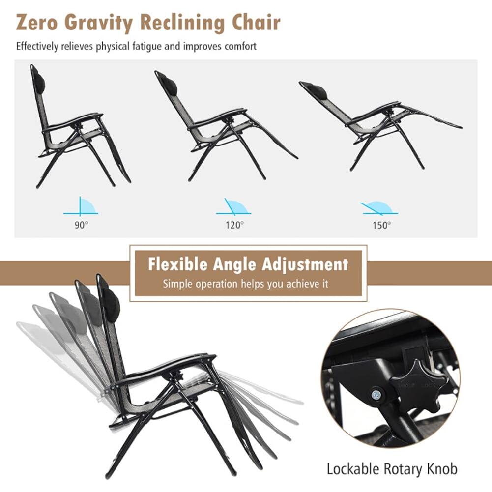 Zero Gravity Reclining Chair  
Effectively relieves physical fatigue and improves comfort  

90° 120° 150°  

Flexible Angle Adjustment  
Simple operation helps you achieve it  

Lockable Rotary Knob