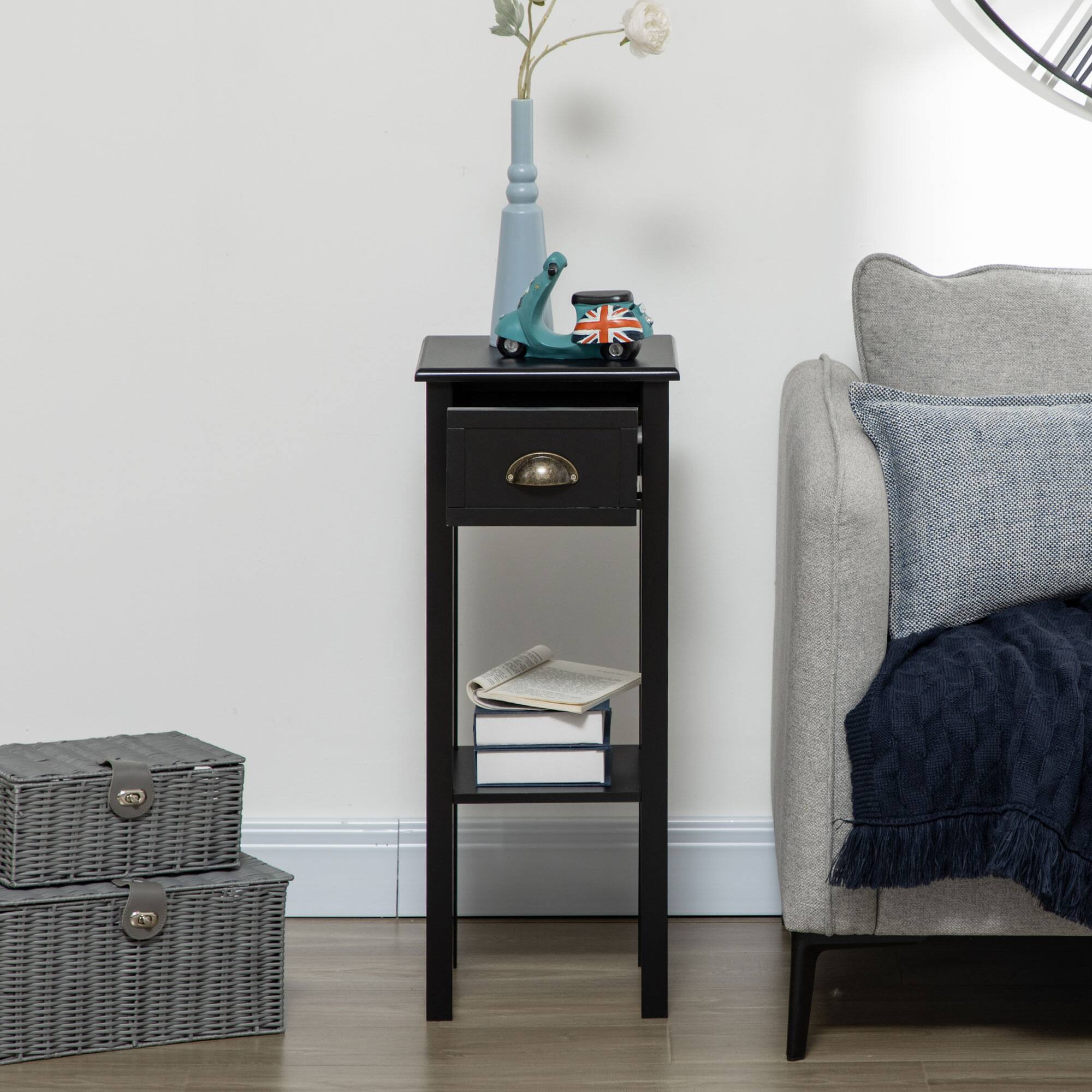 Alt View 3. Homcom - 2-Tier Side Table w/ Drawer & Bottom Shelf, Narrow End Table for Living Room - Black.