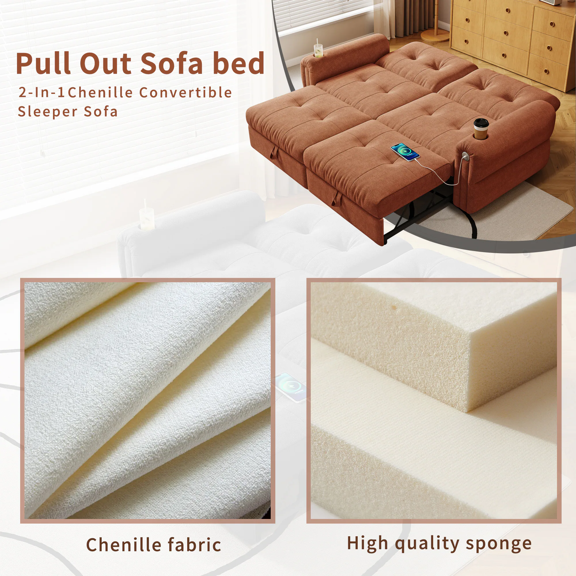 Pull Out Sofa bed  
2-In-1 Chenille Convertible Sleeper Sofa  
Chenille fabric  
High quality sponge