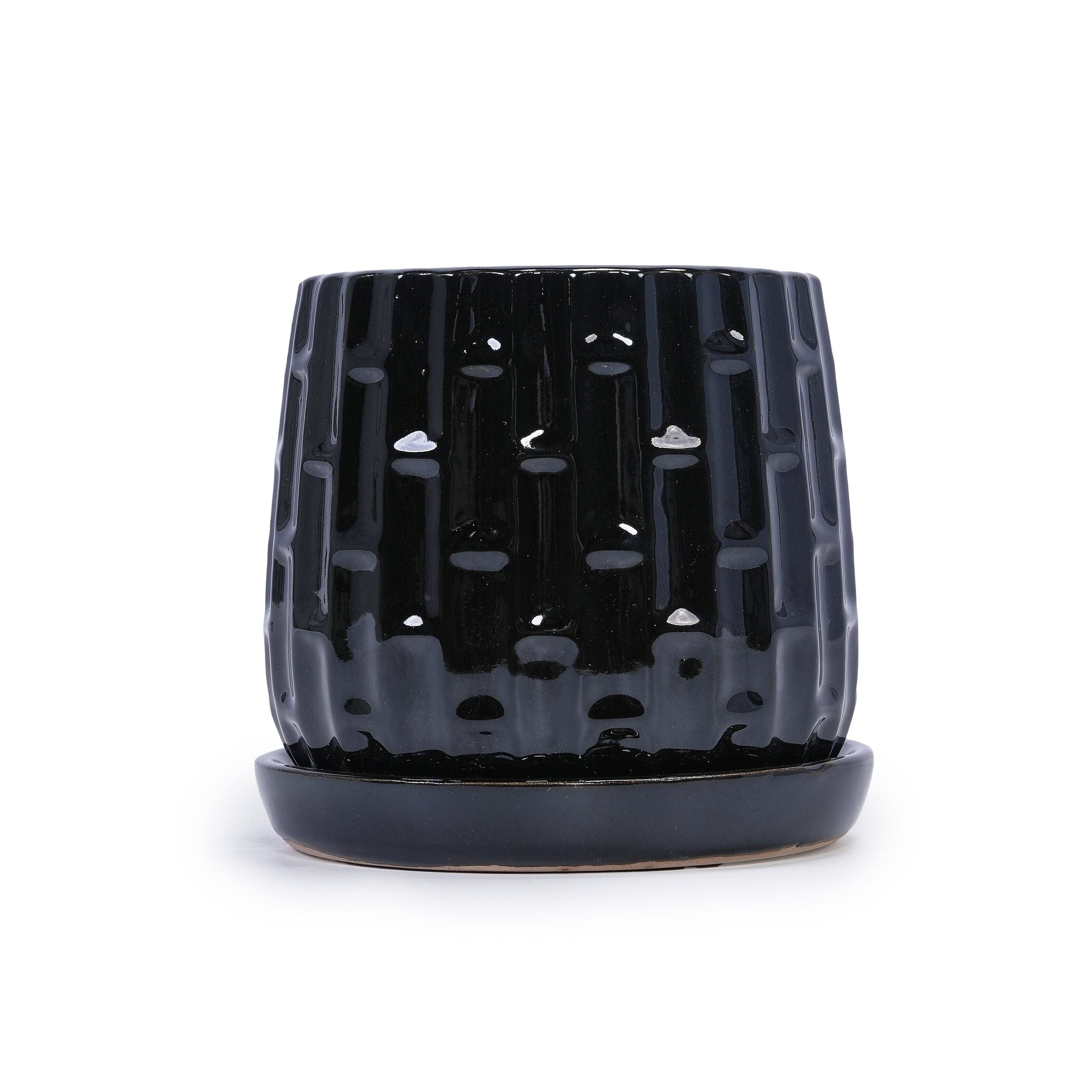 Alt View 5. Loheer - Loheer Ceramic Orchid Pot Set, Handmade Black Planter with Saucer, Breathable Clay, Groove Pattern, 6 and 8 Inch.