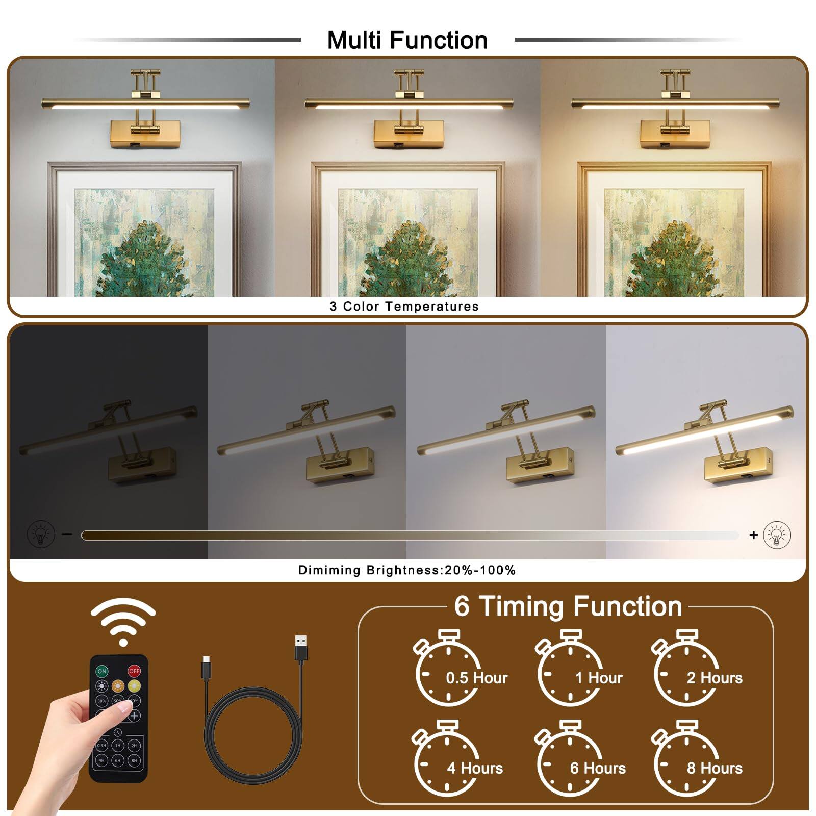 Multi Function

3 Color Temperatures

Dimimining Brightness: 20%-100%

6 Timing Function

0.5 Hour
1 Hour
2 Hours
4 Hours
6 Hours
8 Hours