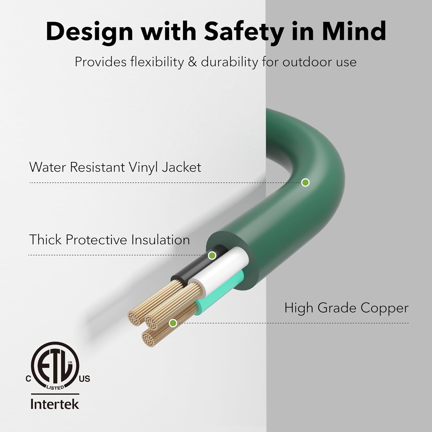 Design with Safety in Mind  
Provides flexibility & durability for outdoor use  

- Water Resistant Vinyl Jacket  
- Thick Protective Insulation  
- High Grade Copper  

ETL US Listed  
Intertek