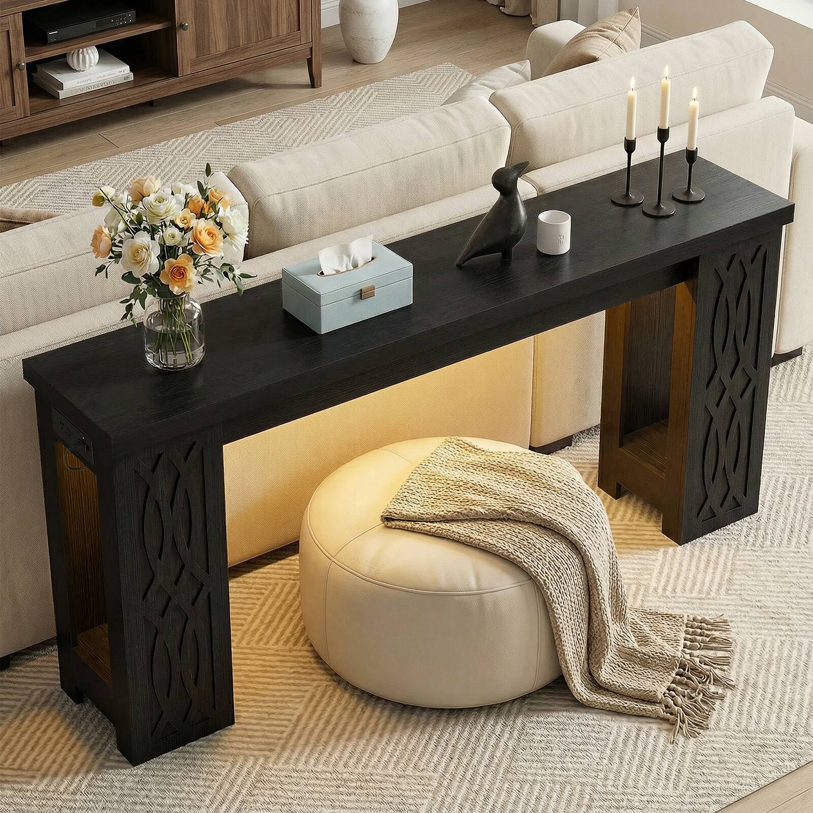 Alt View 5. Aheaplus - 63' Farmhouse Console Table - Narrow Entryway Table with Charging Station and RGB LED Lights - Black.