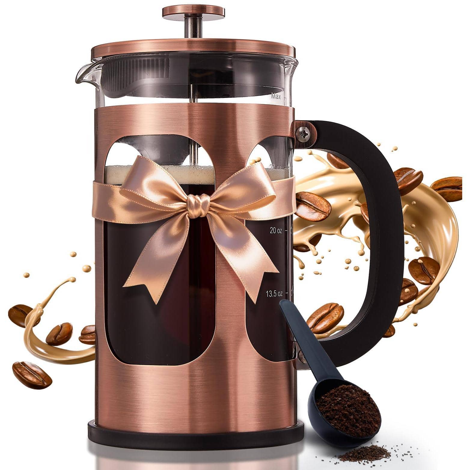 Dapper Styles - Press Coffee Maker 304 Stainless Steel Cold Brew Heat Resistant Thickened Borosilicate Pot For Camping Trav - Copper-34 oz