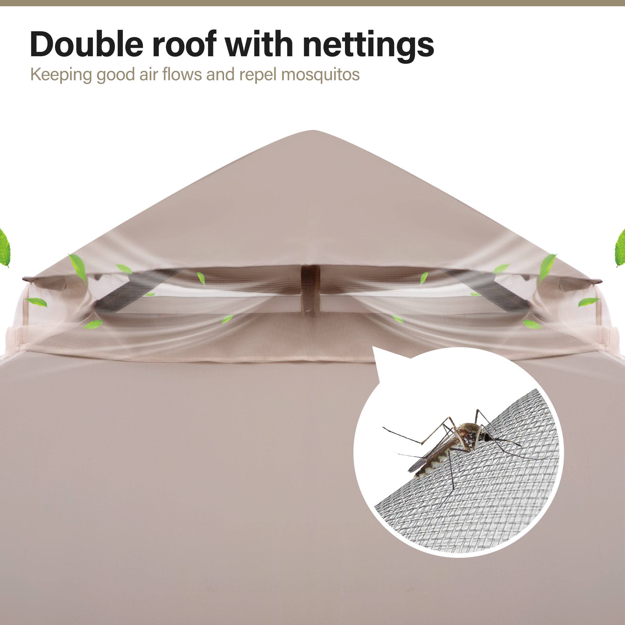 Double roof with nettings  
Keeping good air flows and repel mosquitos
