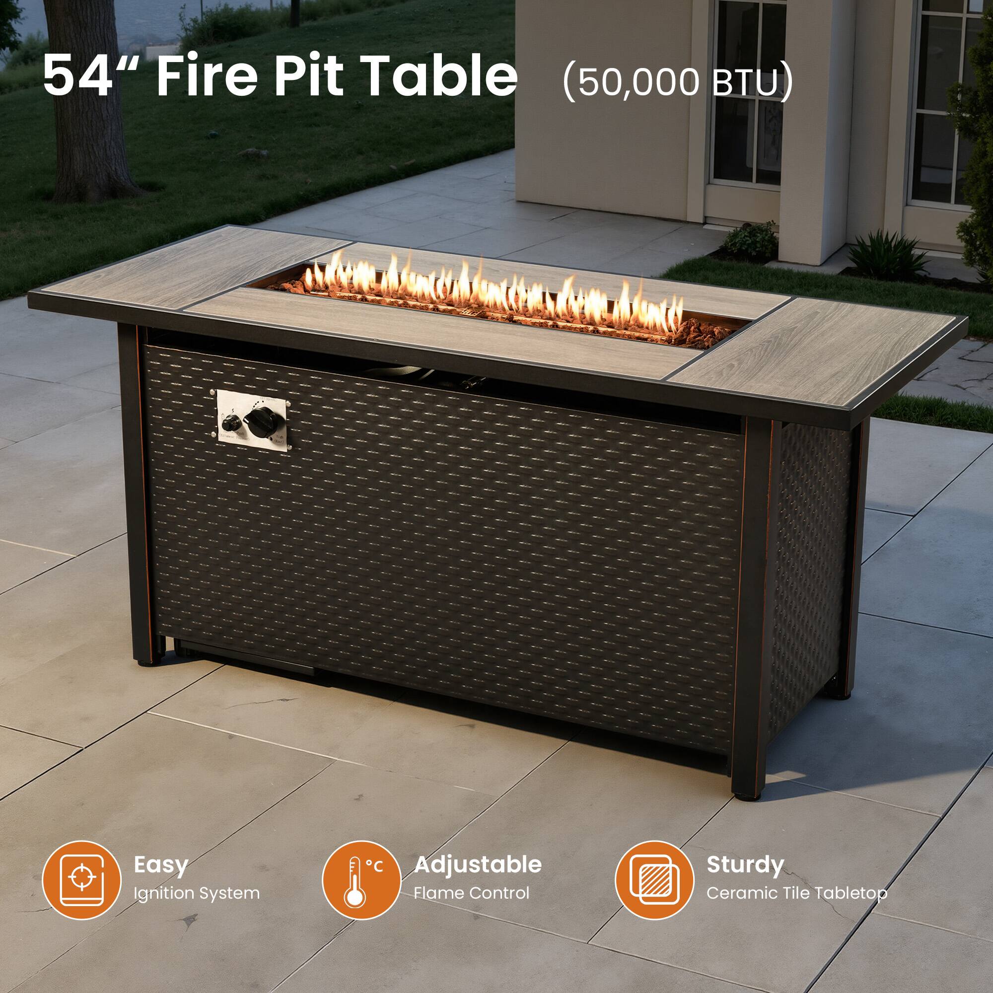 54" Fire Pit Table (50,000 BTU)  
Easy Ignition System  
Adjustable Flame Control  
Sturdy Ceramic Tile Tabletop