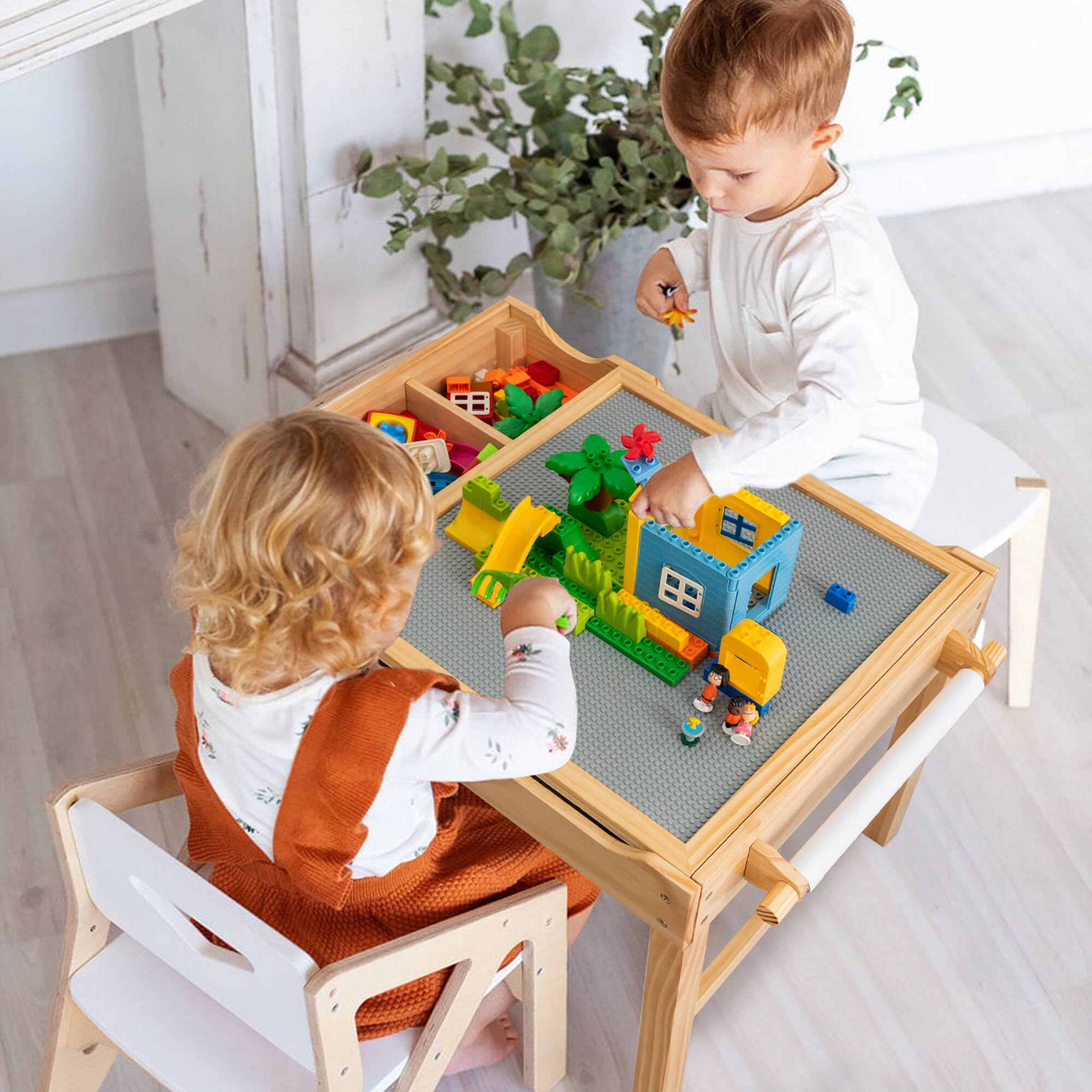 Alt View 1. Costway - Costway Kids Multi Activity Play Table Wooden Building Block Desk w/ Storage Paper Roll - Natural.