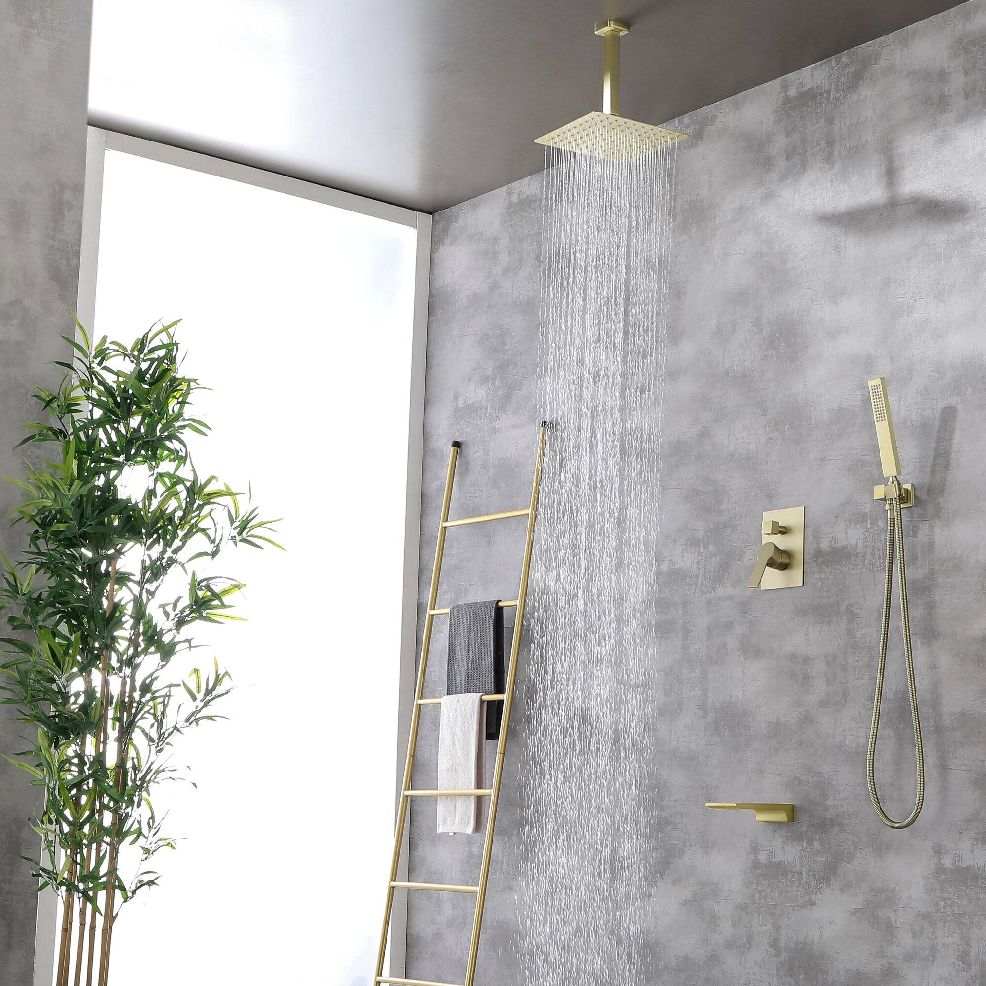Left. Boyel Living - Ceiling Mount Single-Handle 1-Spray Tub and Shower Faucet with 10 in. Fixed shower head in Brushed Gold (Valve Included) - Brushed Gold.
