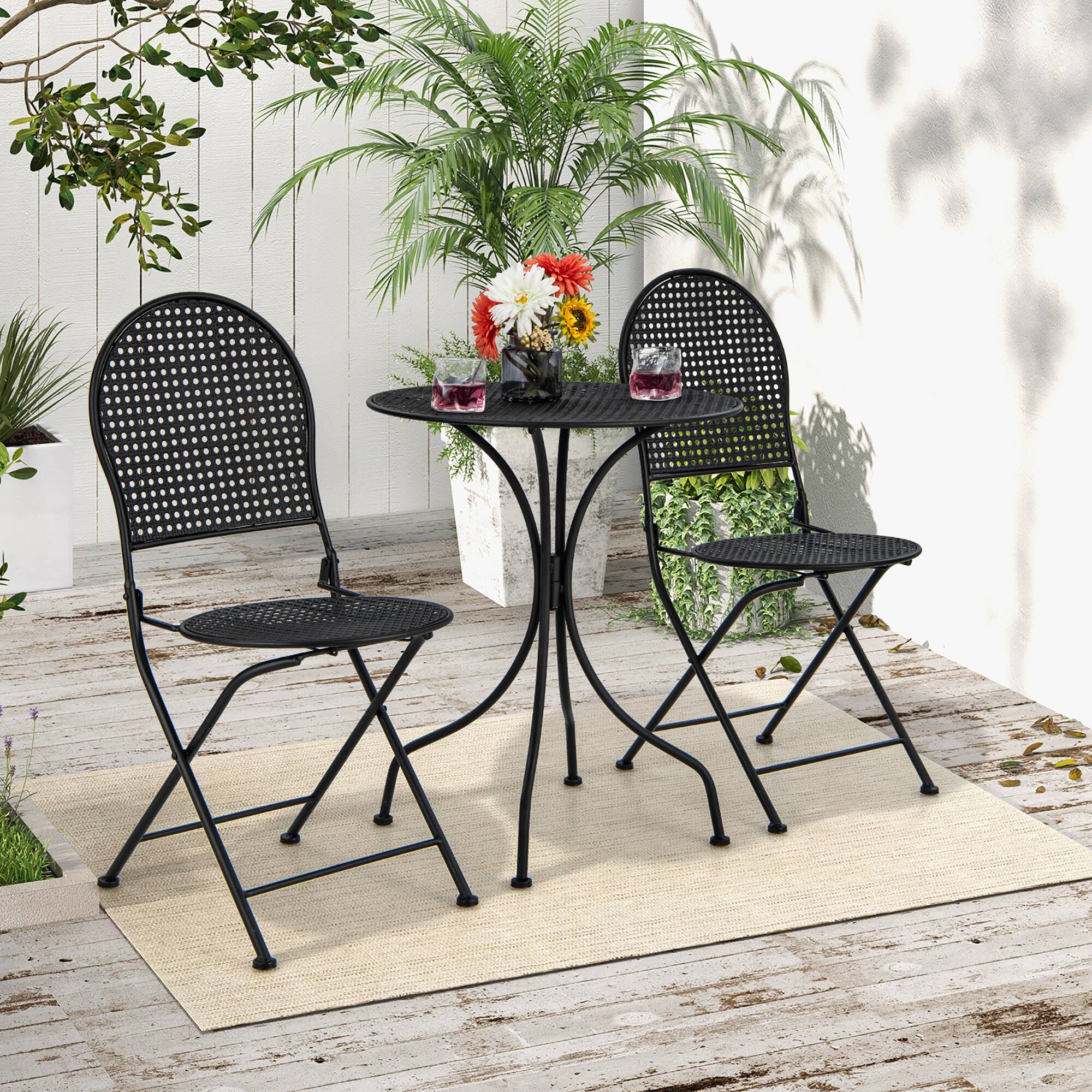 Alt View 4. Gymax - Gymax 3 PCS Patio Bistro Set All-weather Metal Table & Chair Set for 2 Person Modern Furniture Set - Black.