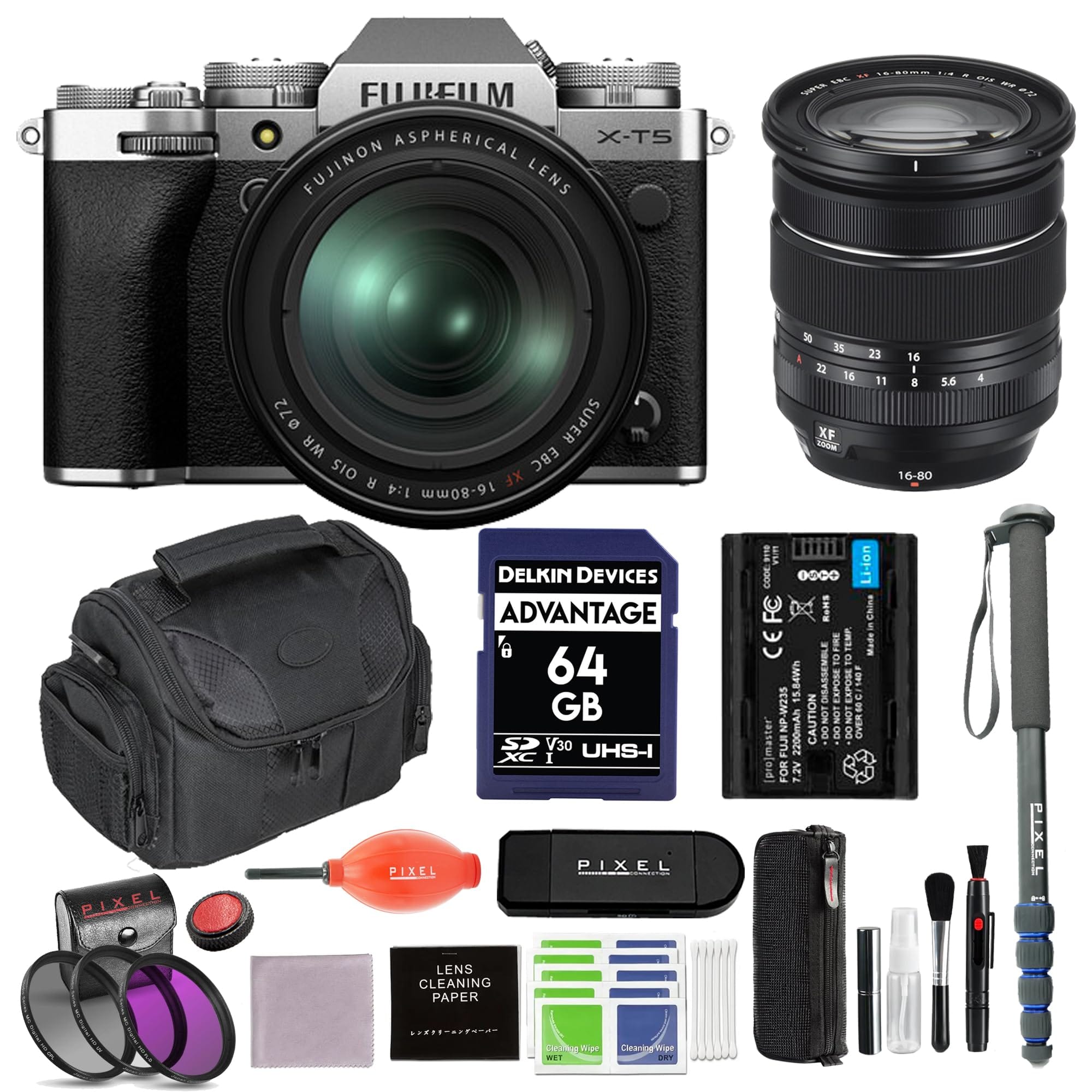 Fujifilm - X-T5 Mirrorless Camera with 16-80mm Lens (Silver) Bundle & Extra Battery, Monopod, 72MM 3PC Filter Kit & More